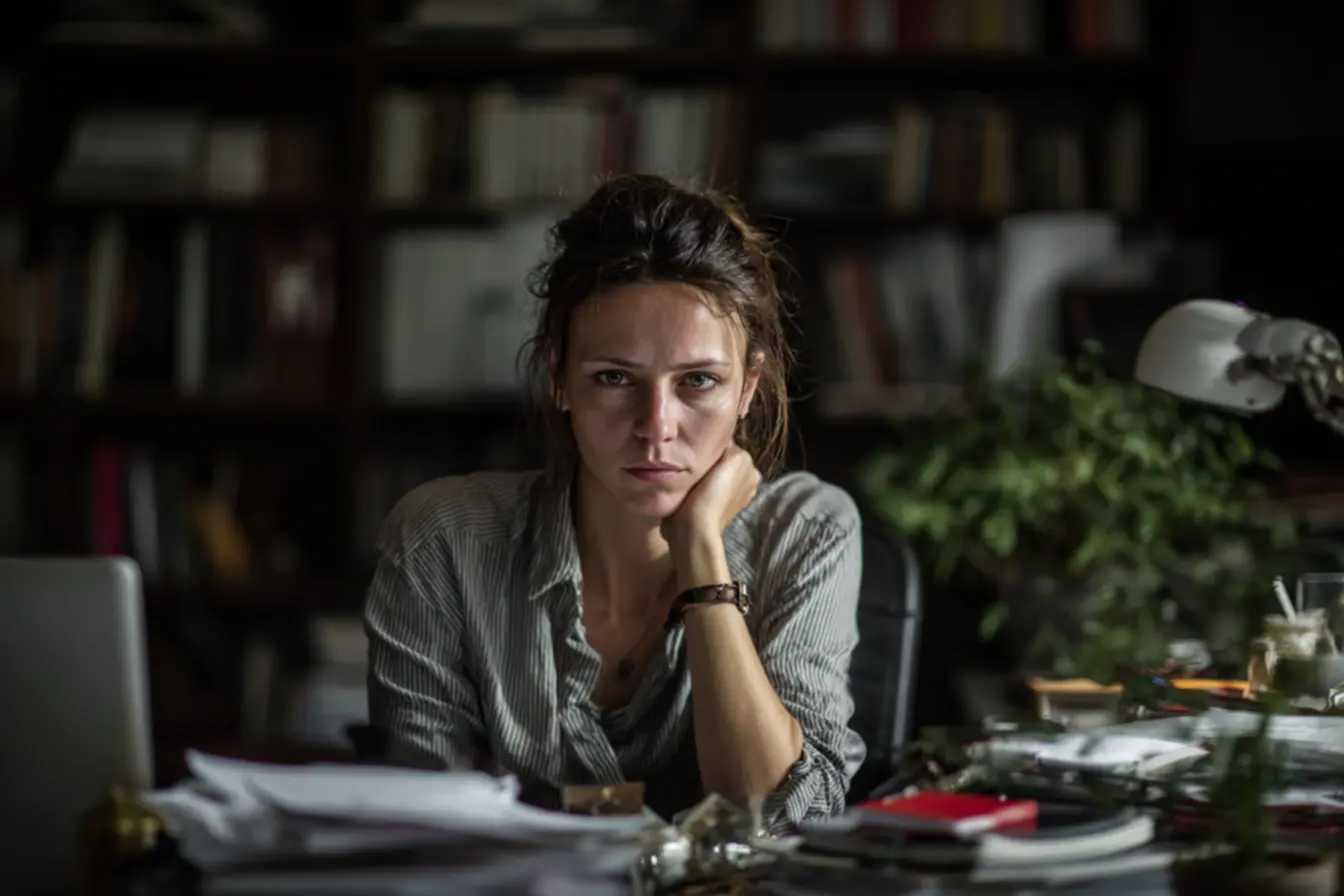 Mulher ponderando entre impulso e decisão estratégica, clareza na escolha.