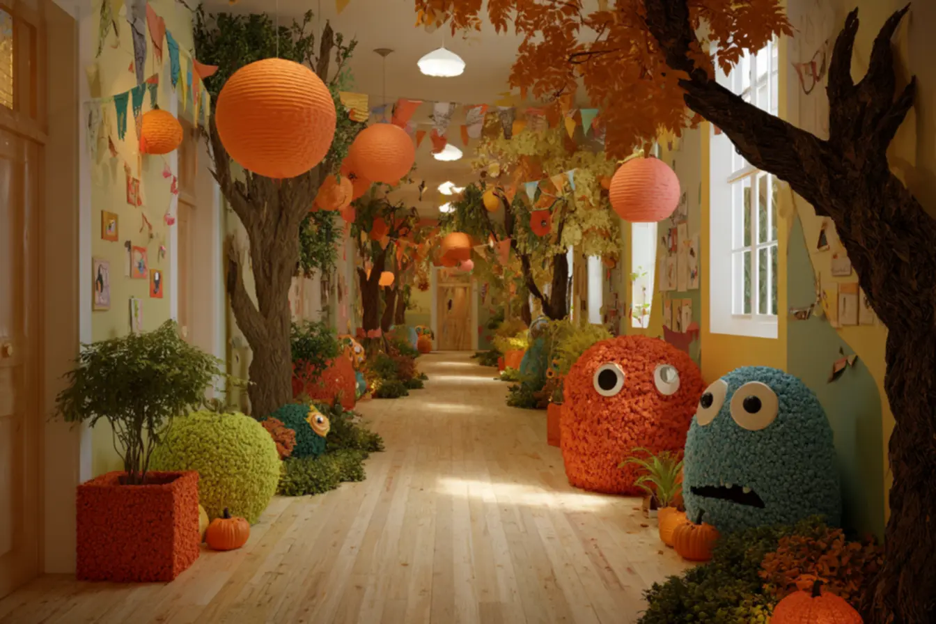 Decoração pedagógica de Halloween na escola com murais educativos e atividades lúdicas