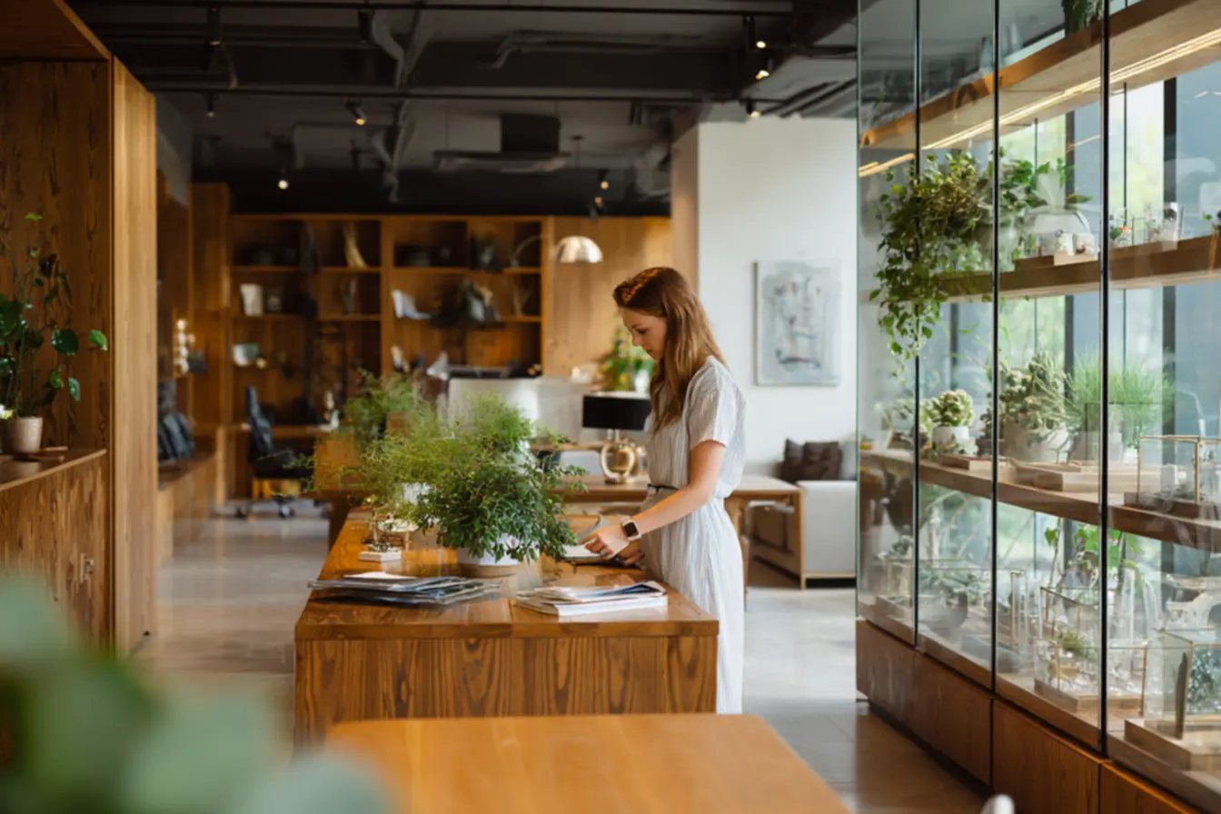 Faixa contínua de prateleira de vidro em parede de escritório corporativo