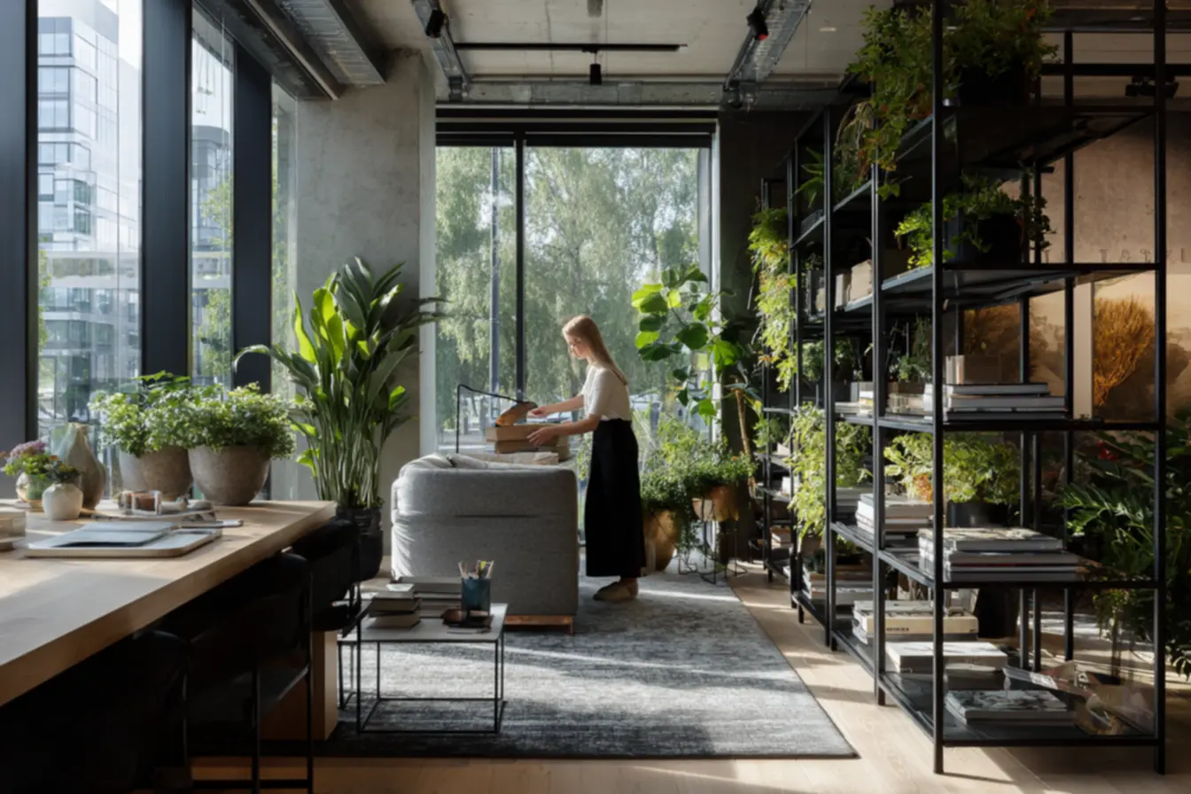 Prateleiras de vidro decorando escritório moderno com home office organizado