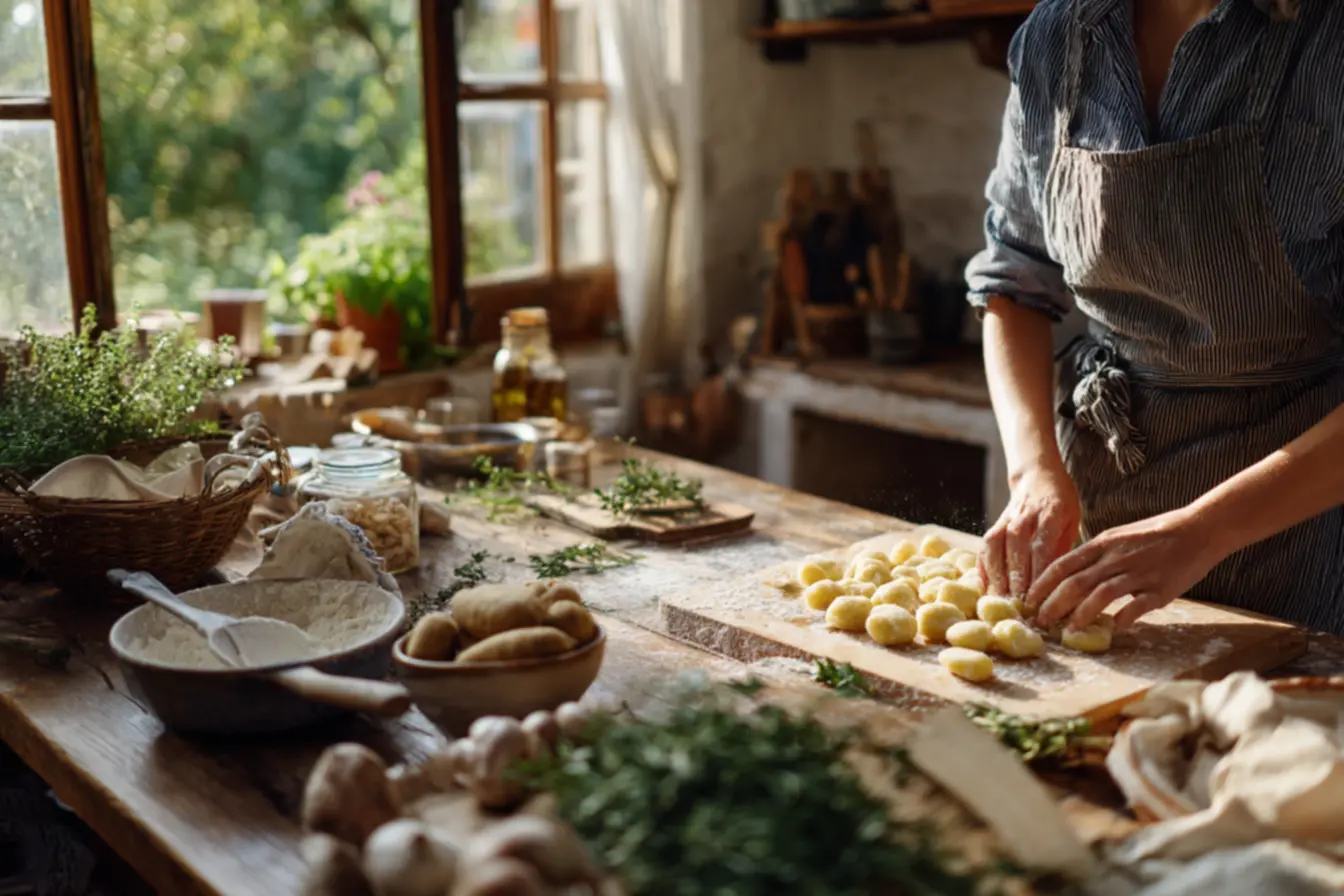 Massa de nhoque de batata com ovos e queijo sendo misturada