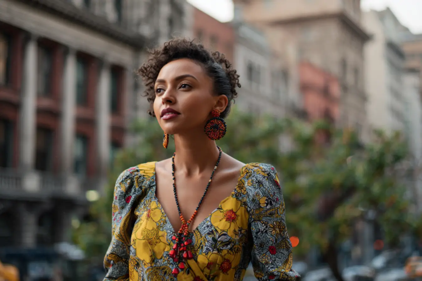 Estilo afropaty com roupas elegantes, cores vibrantes e autoestima da mulher negra