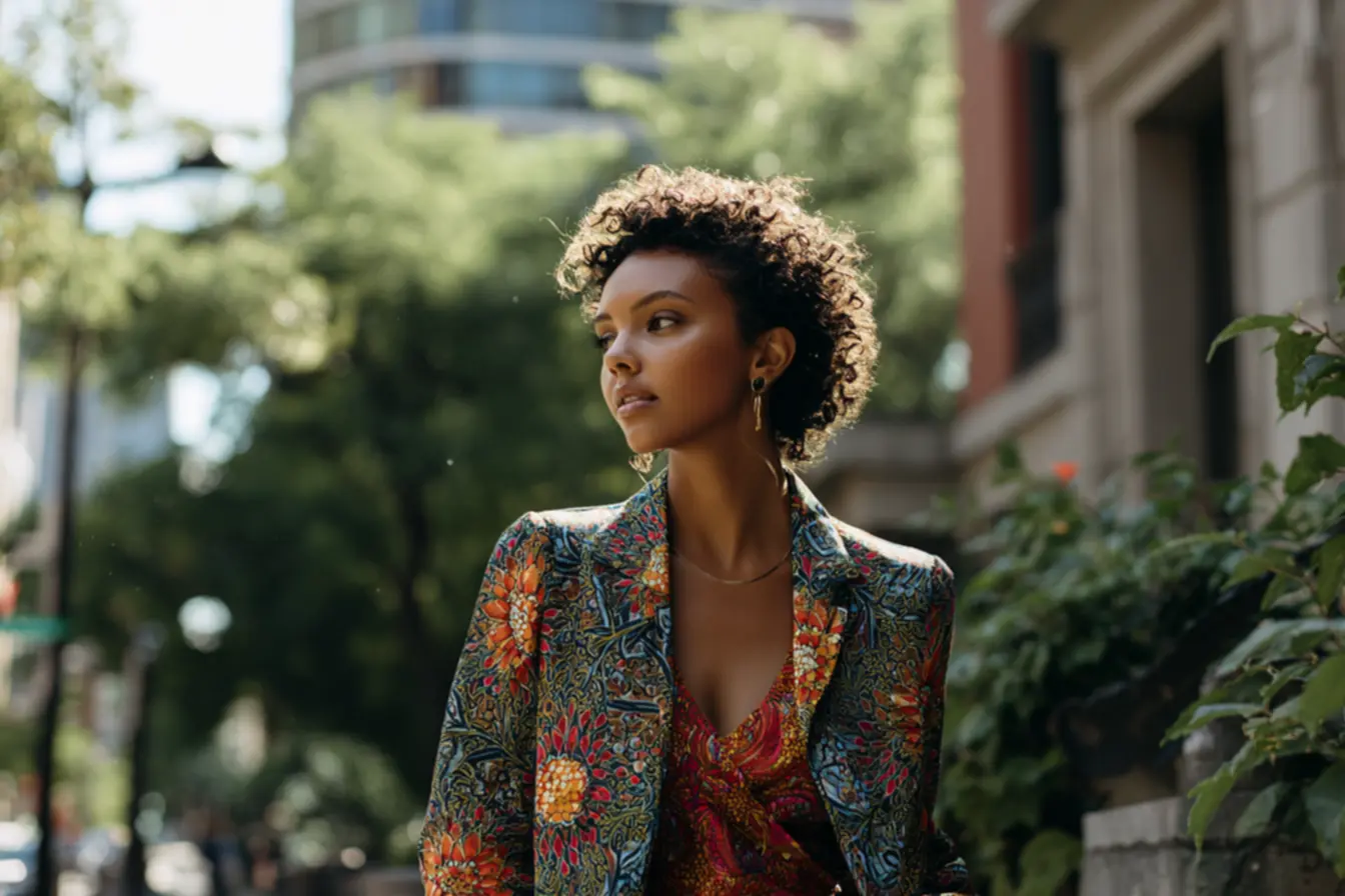 Mulher negra com cabelo crespo volumoso e maquiagem Afropaty destacando pele retinta