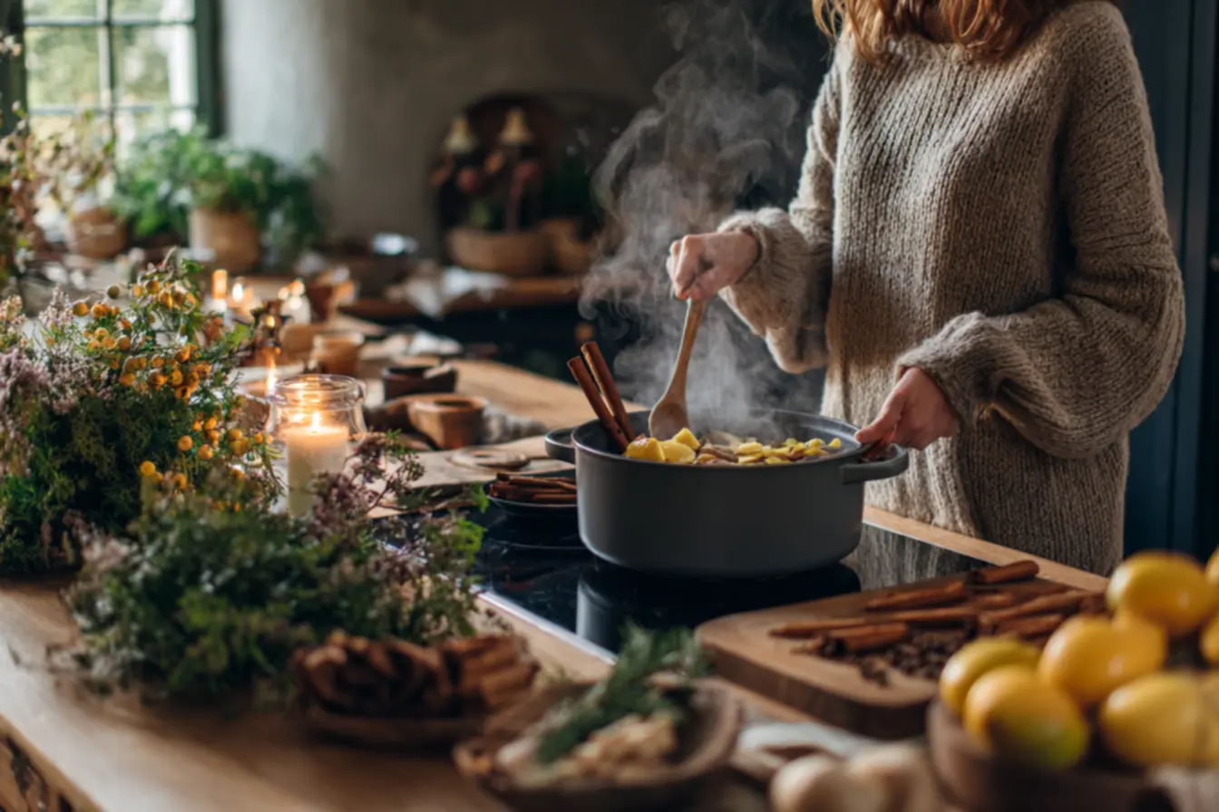 Panela com casca de limão gengibre e canela fervendo para aromatizar a casa de forma natural