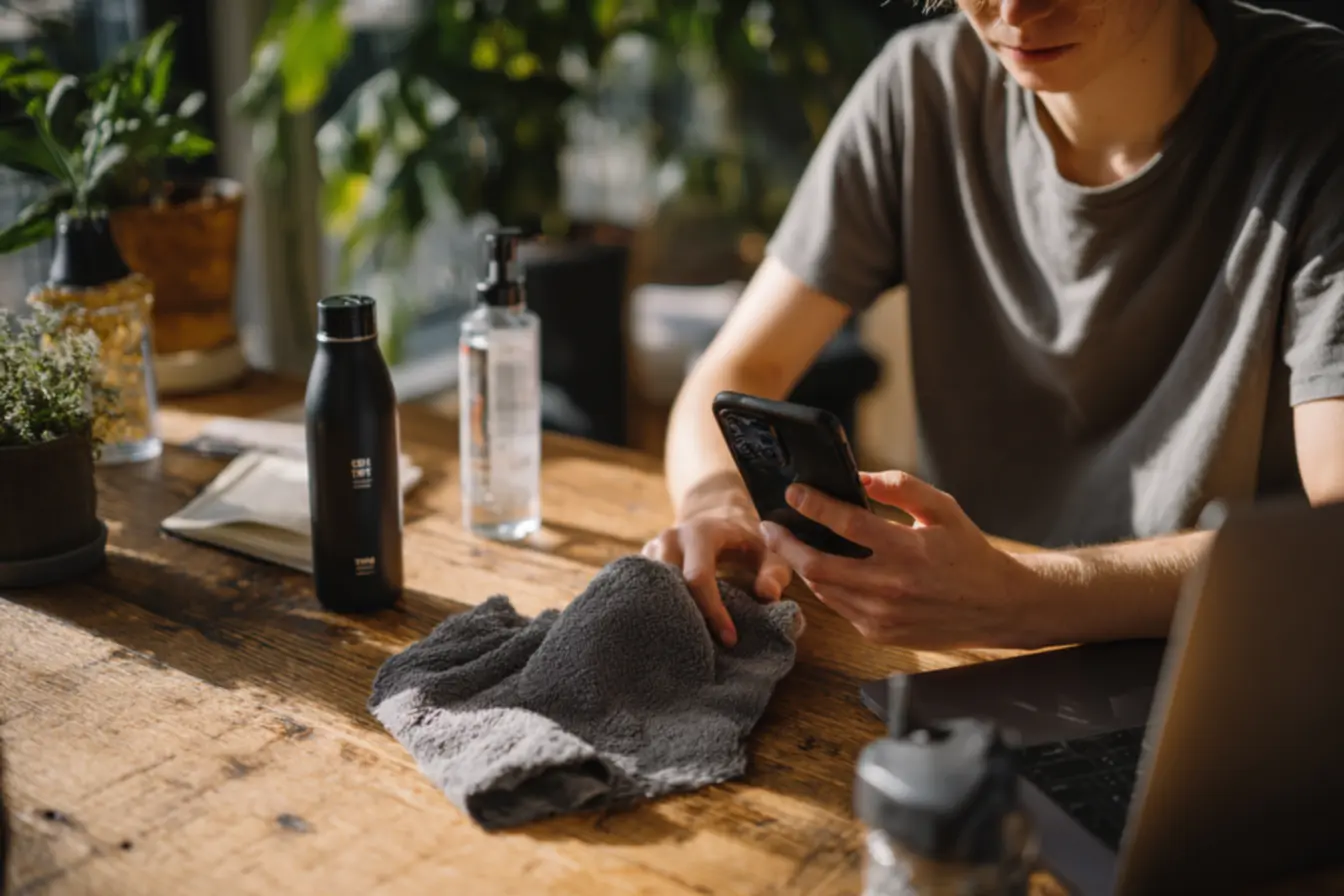 Remoção de poeira e limpeza de tela de celular antes da desinfecção