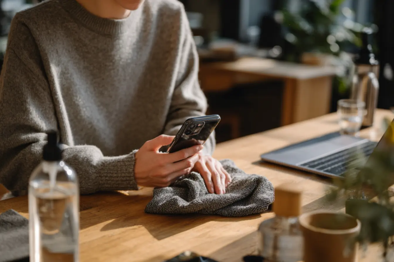 Desinfecção eficaz do celular com álcool isopropílico e pano de microfibra