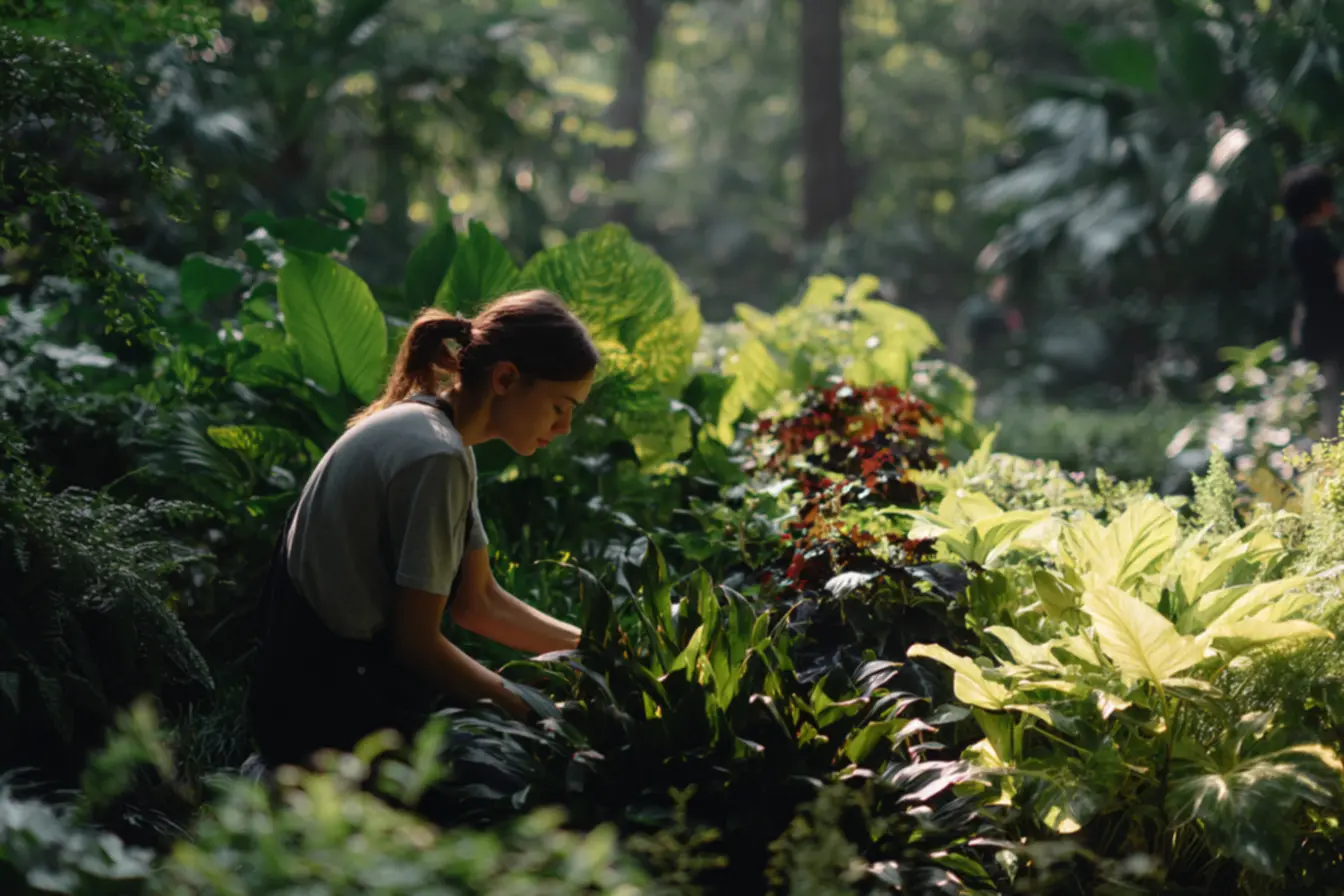 Jardim úmido e sombreado com plantas sofrendo por excesso de água e pouca luz