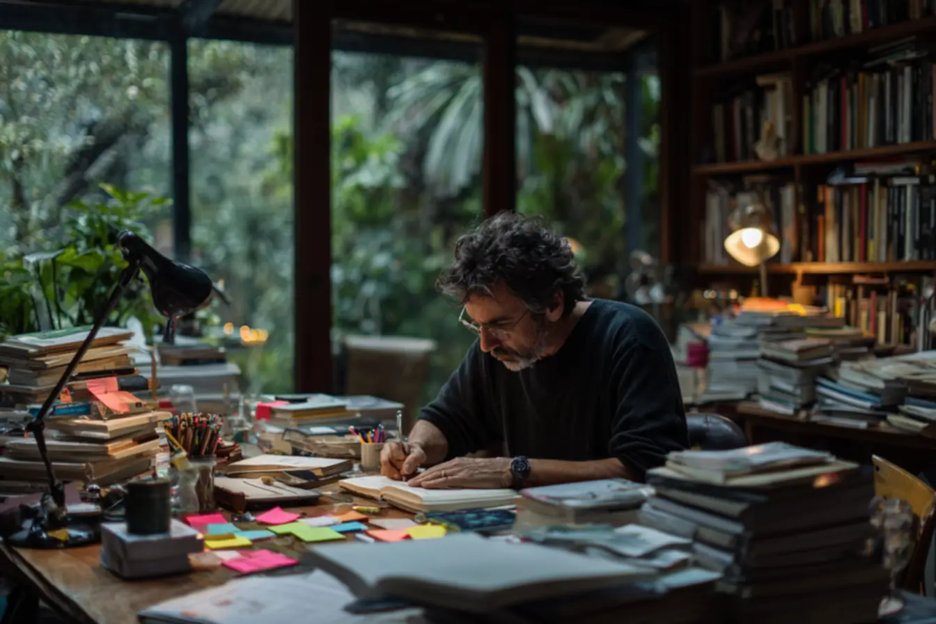 Ambiente organizado para escrita produtiva e bloco de escrita diária consistente