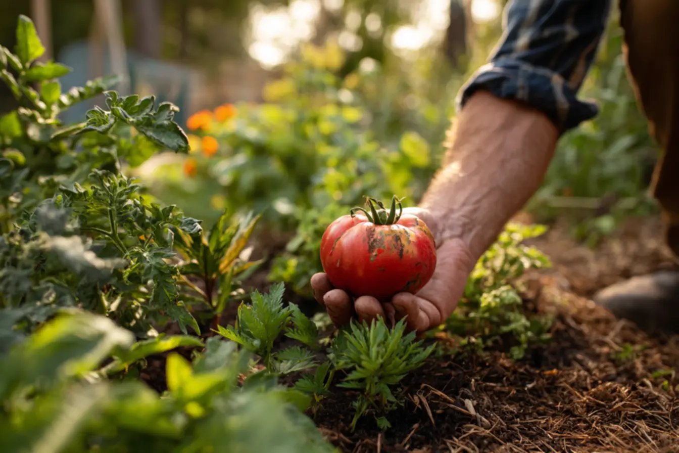 Tomates rachados e saudáveis lado a lado mostrando o efeito do manejo correto de irrigação e adubação