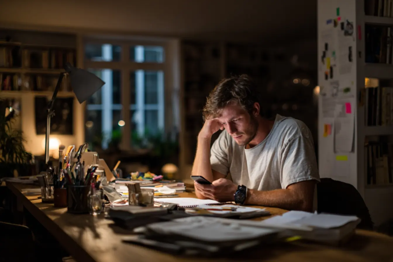 Desafios da concentração: Uma mulher lutando para se concentrar no trabalho em meio a múltiplas notificações de celular e computador, ilustrando a luta contra a fragmentação da atenção.