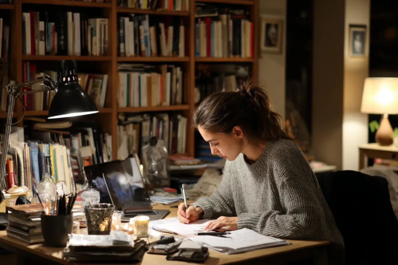 Escritor aproveitando limitações de tempo como aliadas contra distrações na escrita