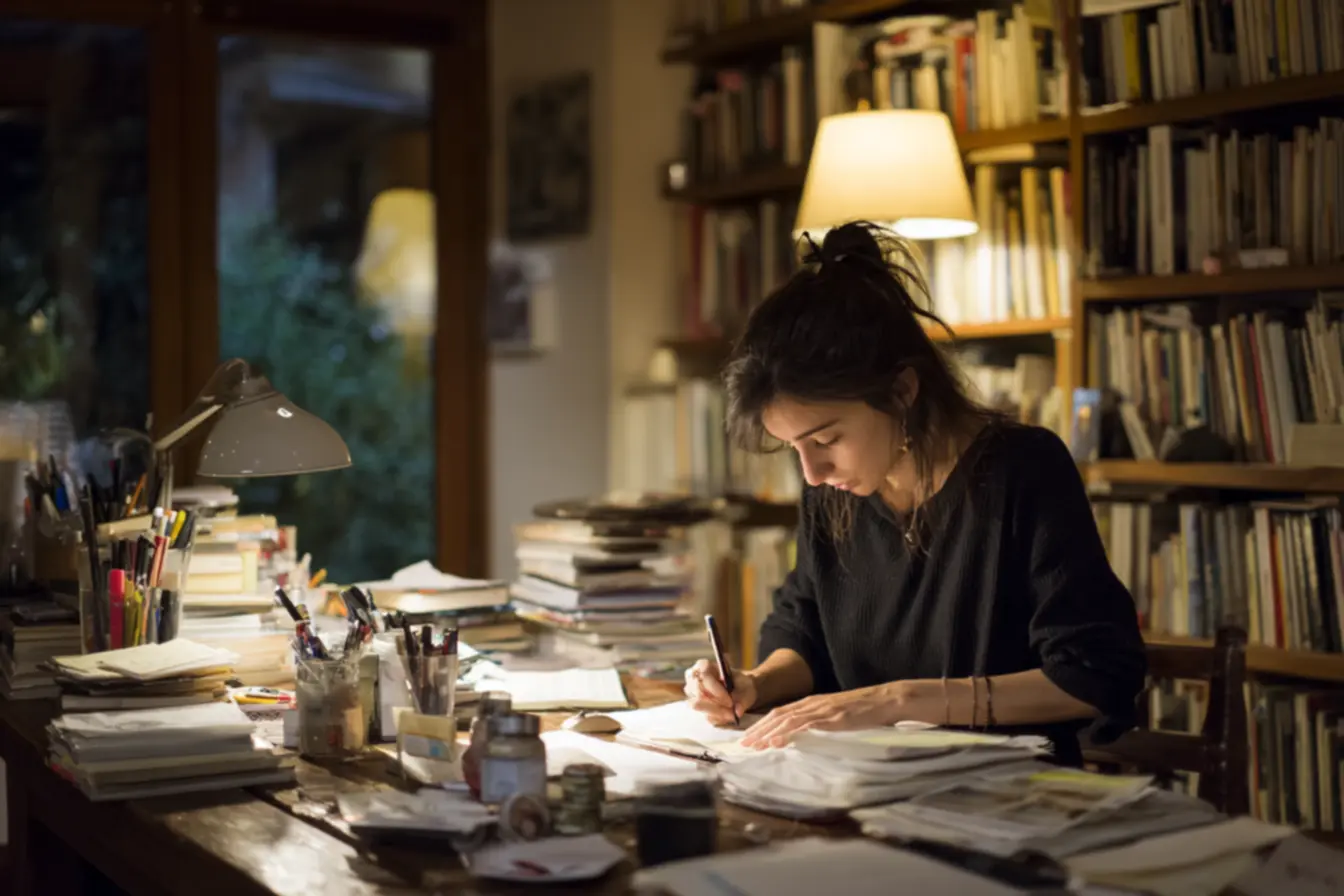 Escritora aplicando rotina tradicional para evitar distrações enquanto escreve