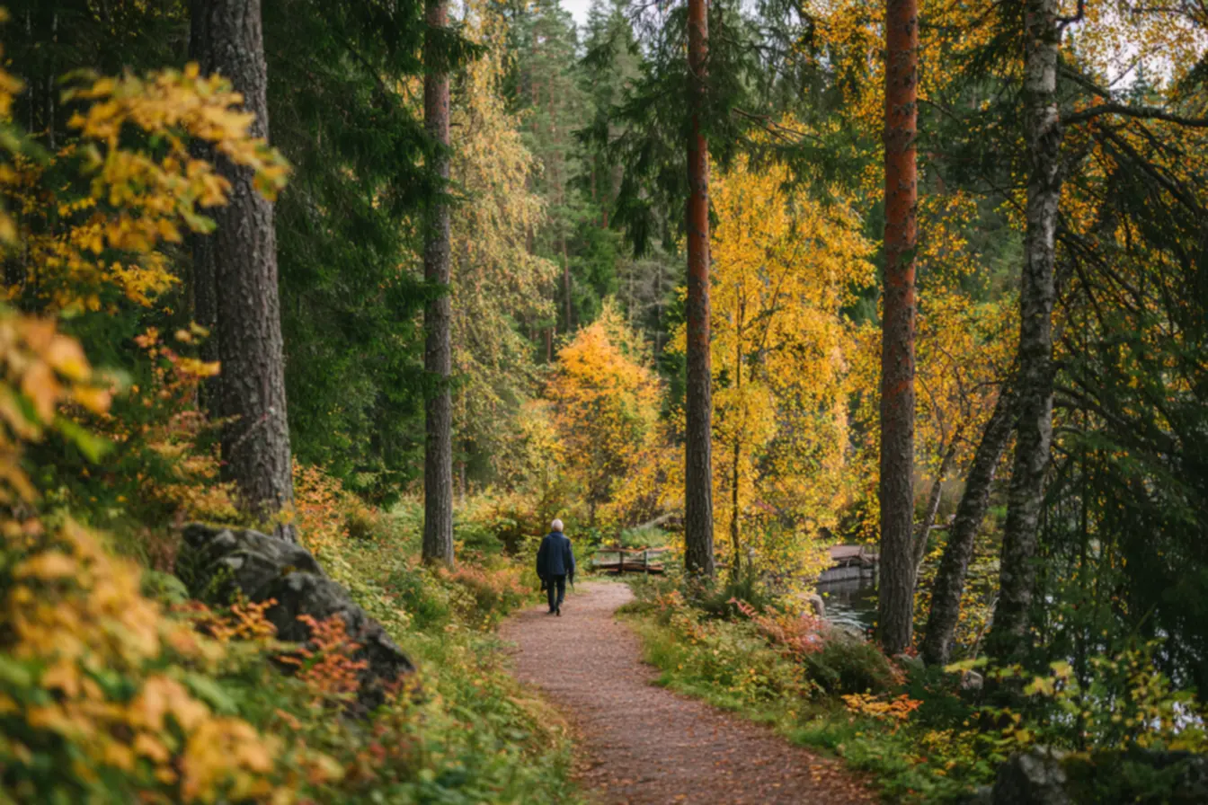Contato diário com a natureza na Finlândia com florestas, lagos e trilhas