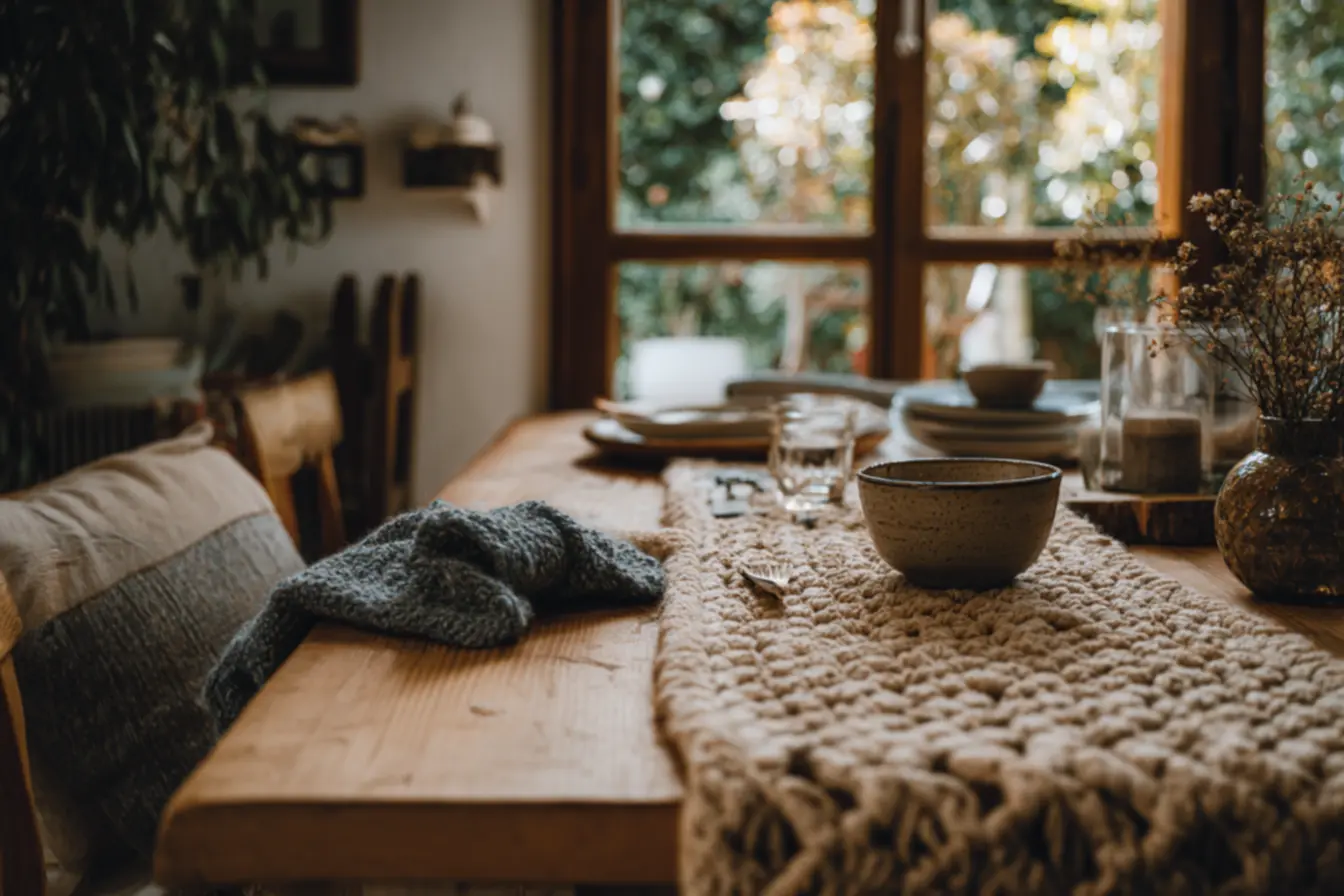 Caminho de mesa em crochê comparando fio de algodão e barbante na decoração da sala de jantar