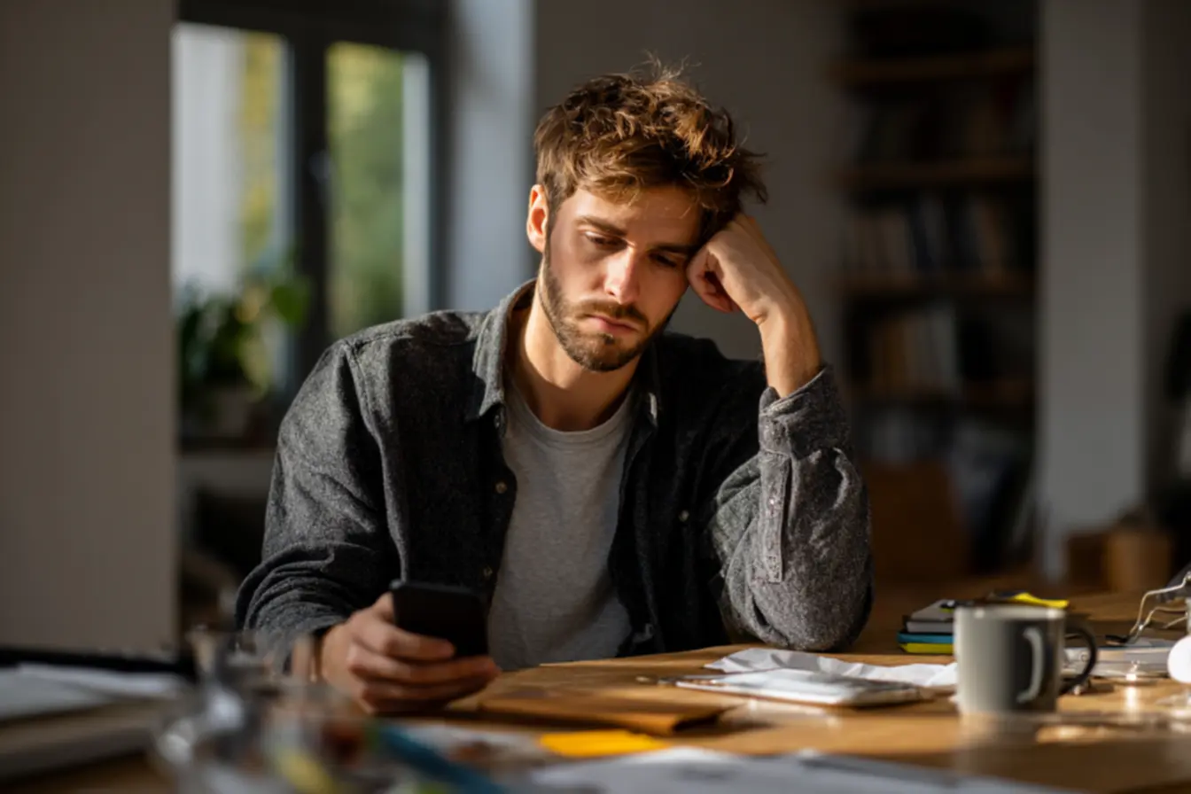 Mulher olhando o celular em vez de trabalhar, indicando distração e perda de concentração. Produtividade no escritório.