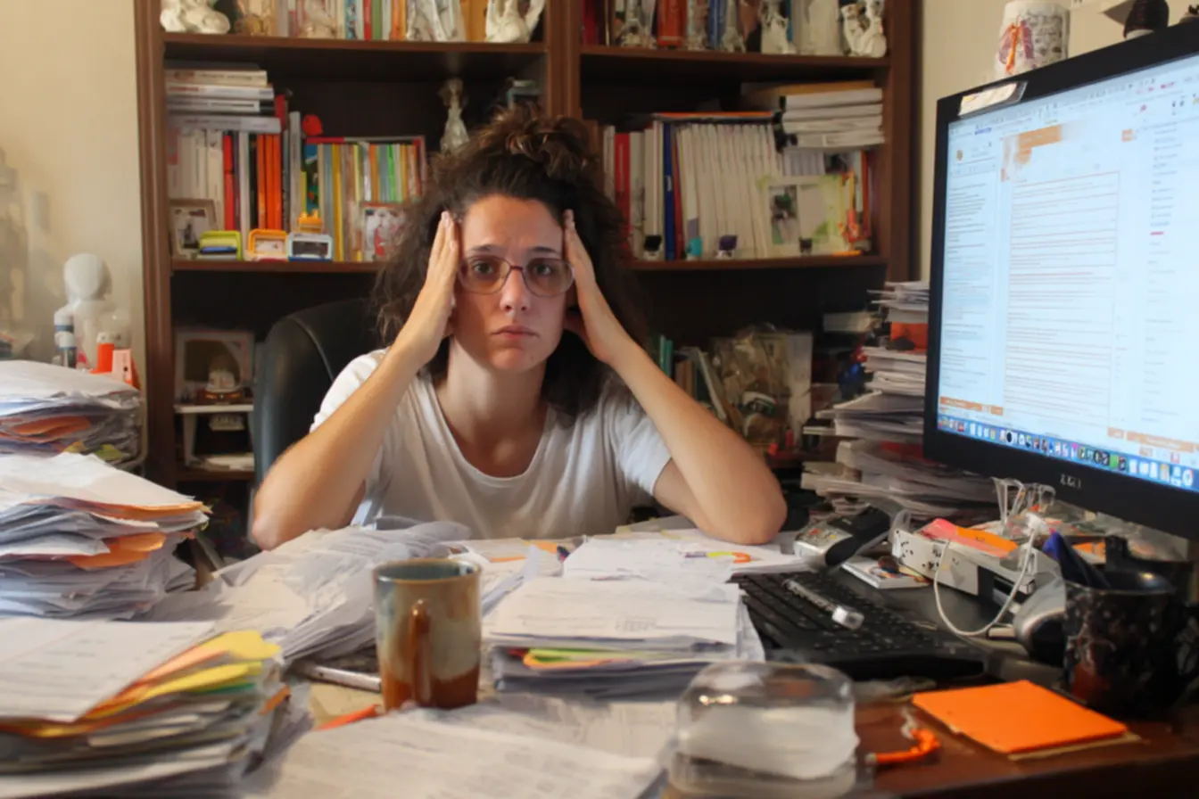 Mãos digitando em um teclado com notificações de celular ao lado, representando a troca constante de foco e a interrupção do hábito invisível.