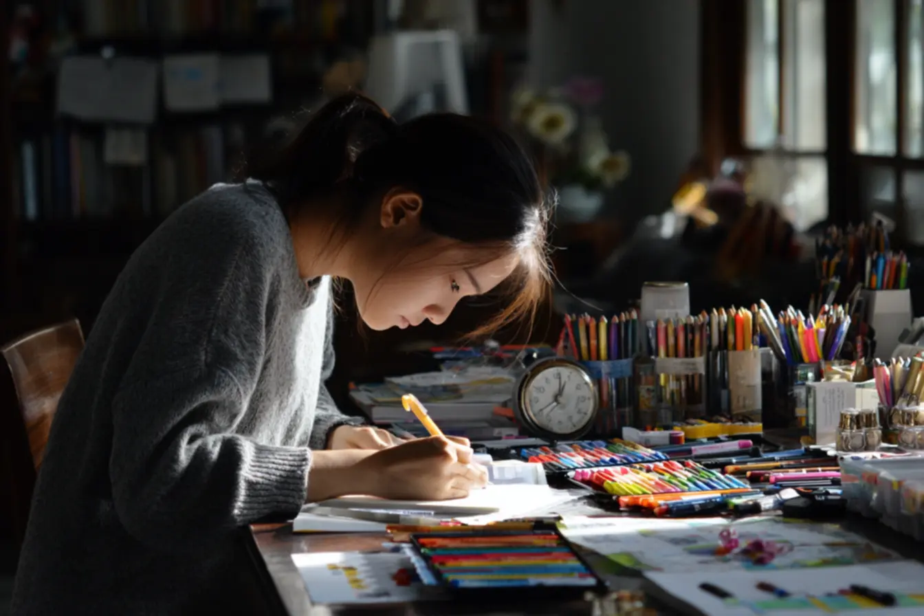 Pessoa concentrada escrevendo notas, praticando o registro diário de desempenho e organizando as prioridades do próximo dia.
