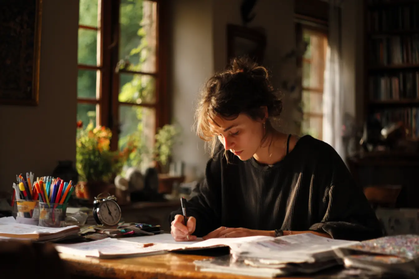 Pessoa anotando em um planner com foco e caneta, destacando a importância da constância no registro diário de desempenho para evitar erros comuns.