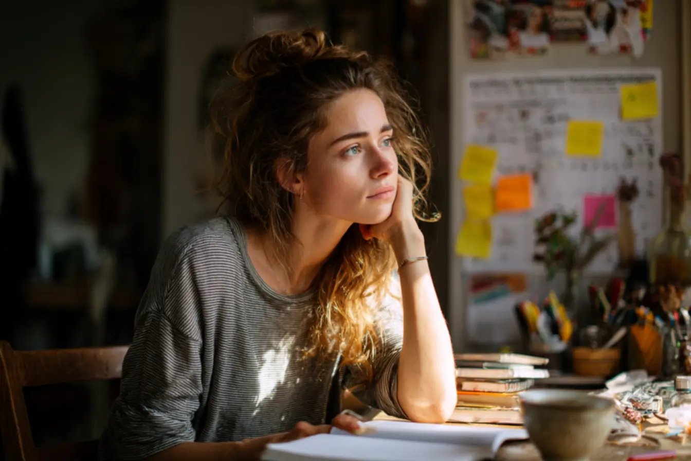 Silhueta de pessoa olhando pela janela ao amanhecer, representando a serenidade e a clareza de um dia bem planejado desde o dia anterior.
