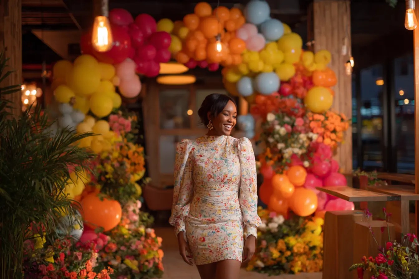 Arco orgânico de balões com painel redondo em festa de aniversário