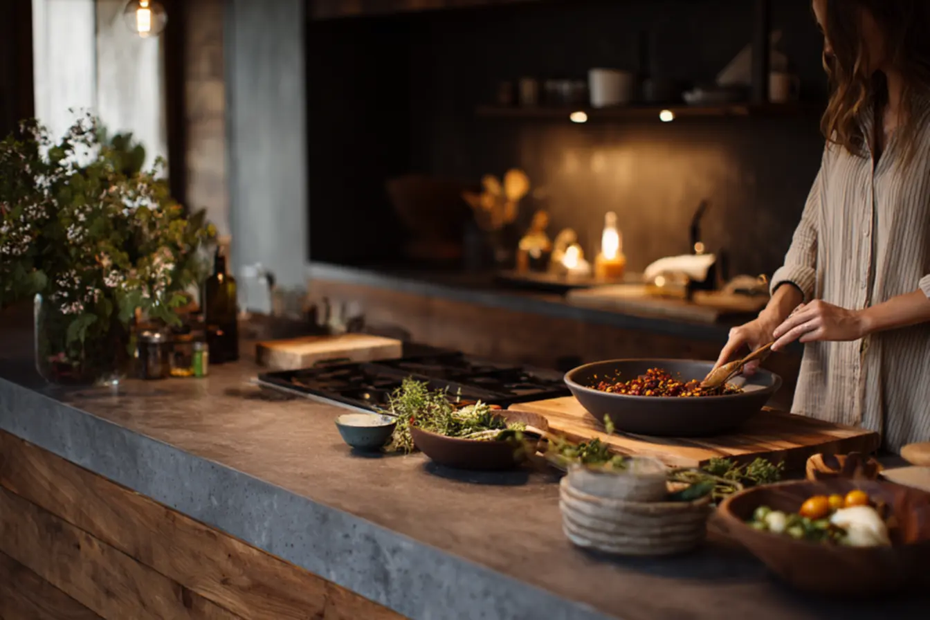 Impermeabilização de bancada de concreto aparente na cozinha com estilo industrial