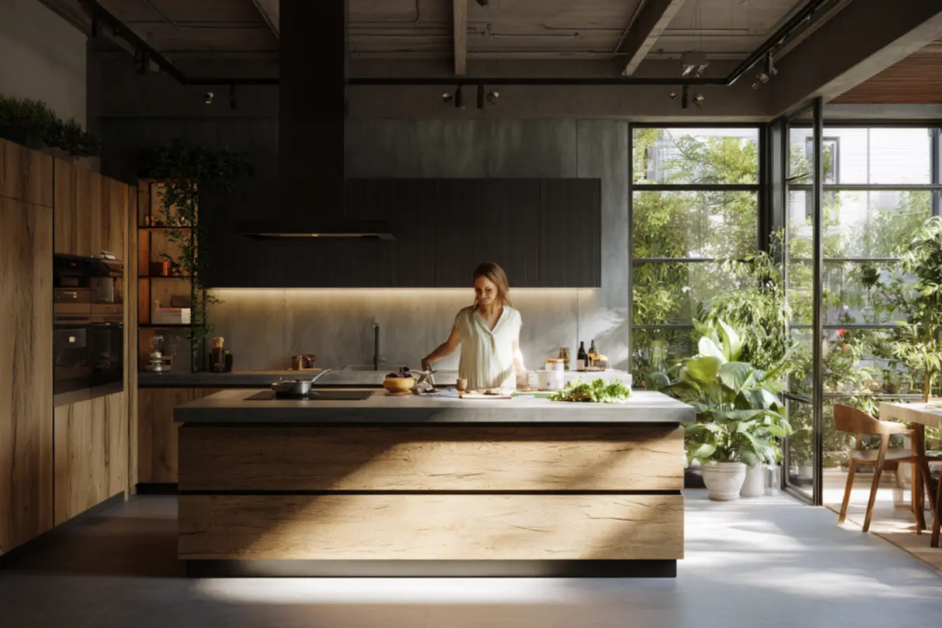 Cozinha industrial suave com concreto, metal preto e madeira