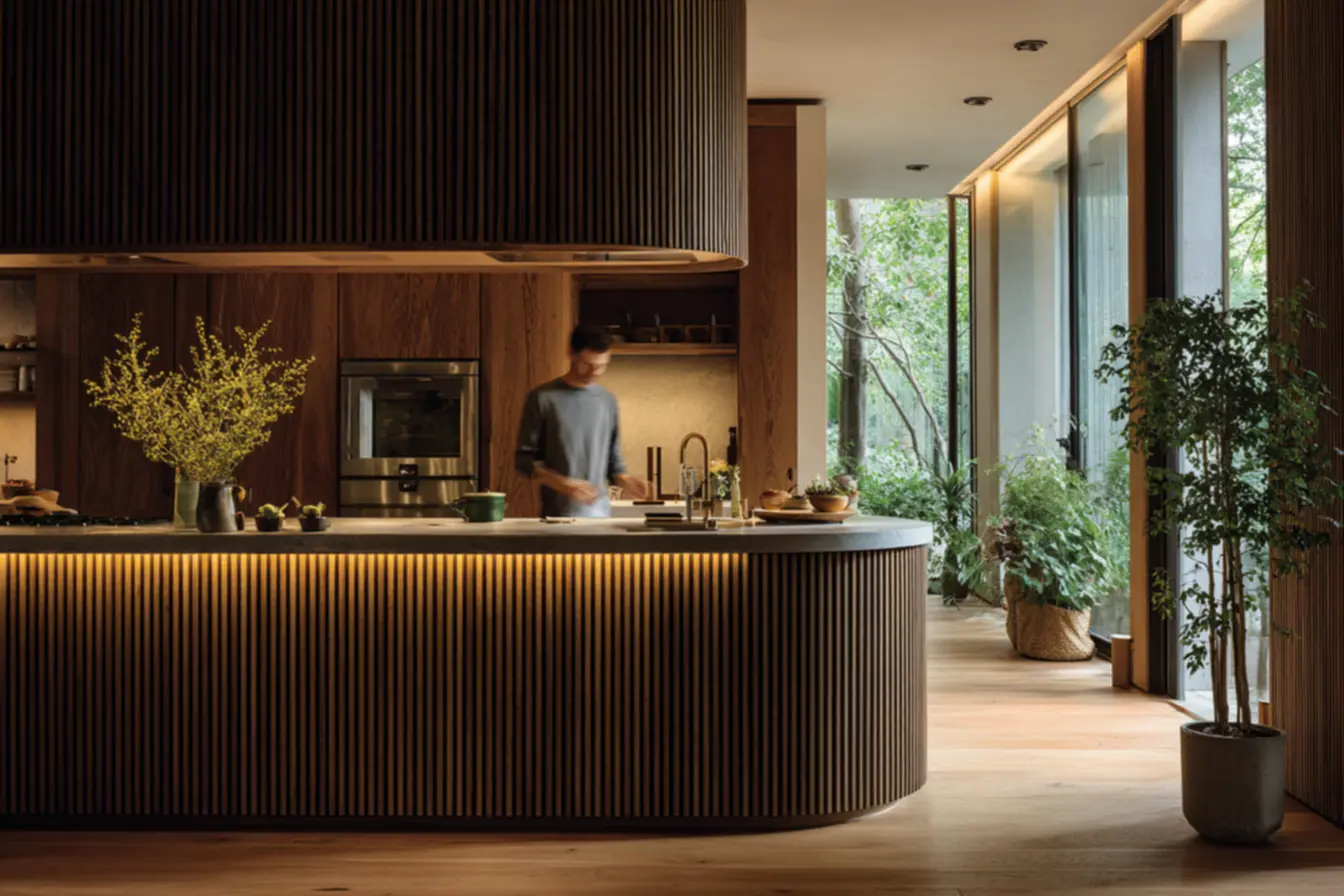 painel ripado na cozinha moderna integrada com a sala de estar