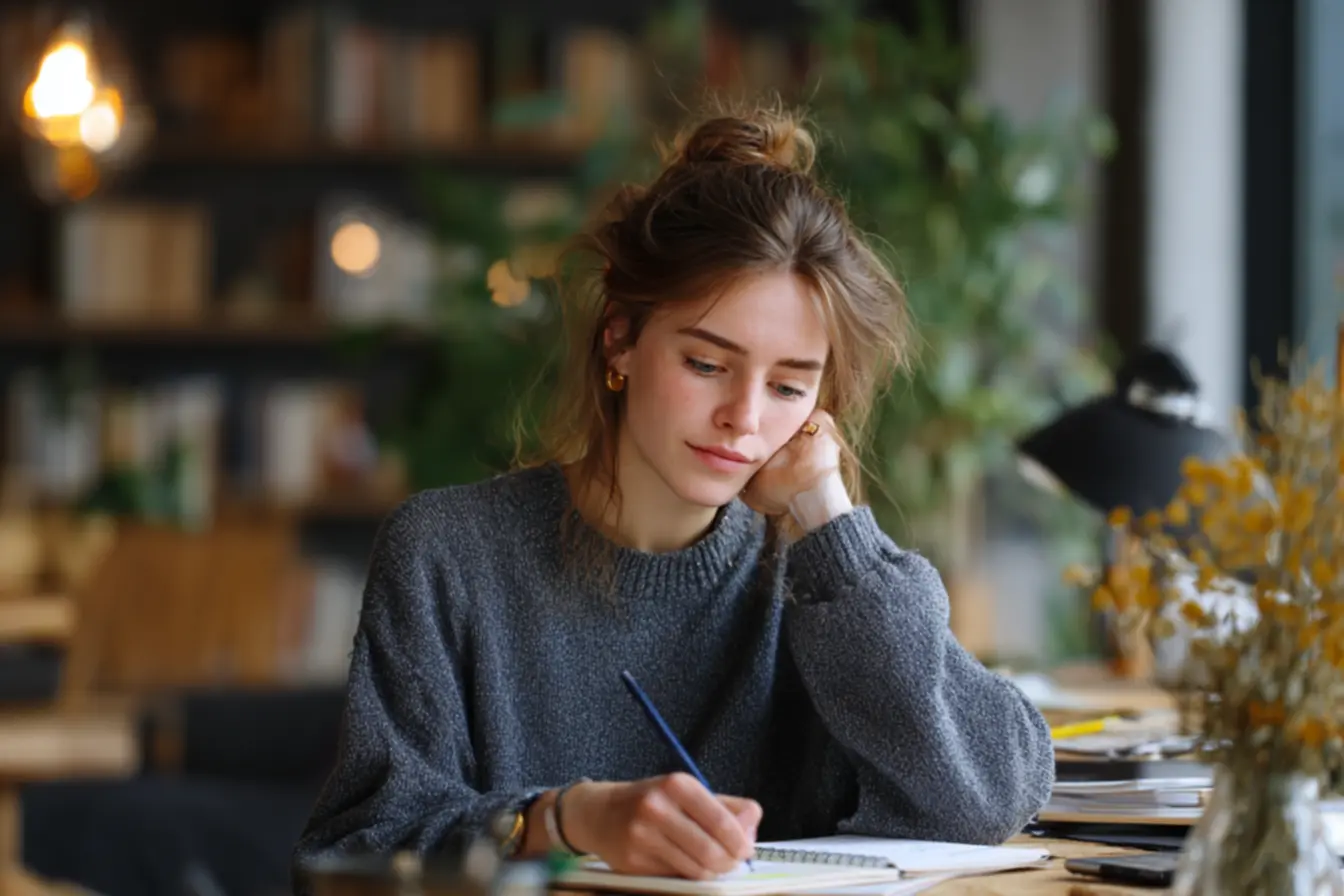 Pessoa planejando uma rotina com um caderno e caneta, aplicando conceitos de livros clássicos sobre hábitos para organizar gatilhos e micro-hábitos.