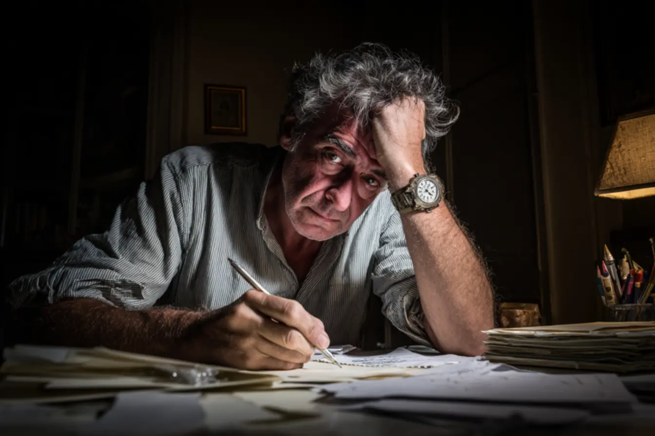 Escritor focado no computador, simbolizando a superação da falta de inspiração ao escrever sempre no mesmo horário do dia.