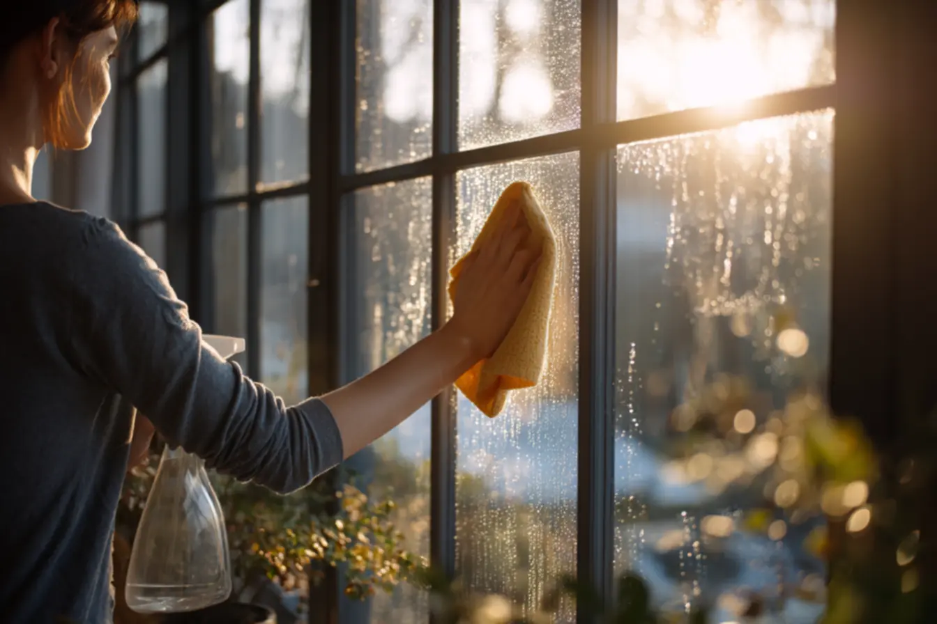 Janela de blindex limpa com mistura caseira e pano de microfibra