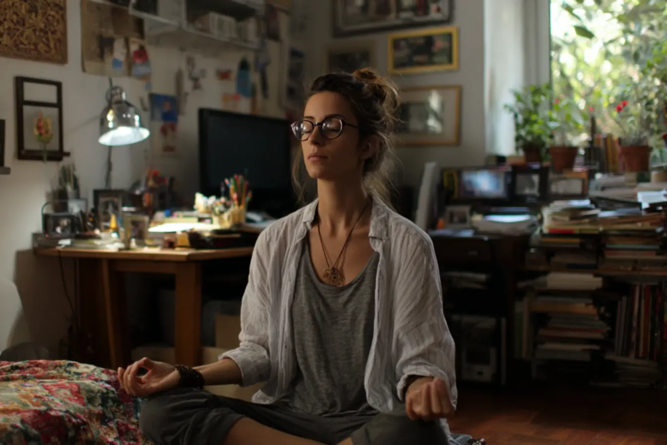 Mulher concentrada organizando sua mesa de trabalho, representando a construção de pequenos rituais antes do trabalho