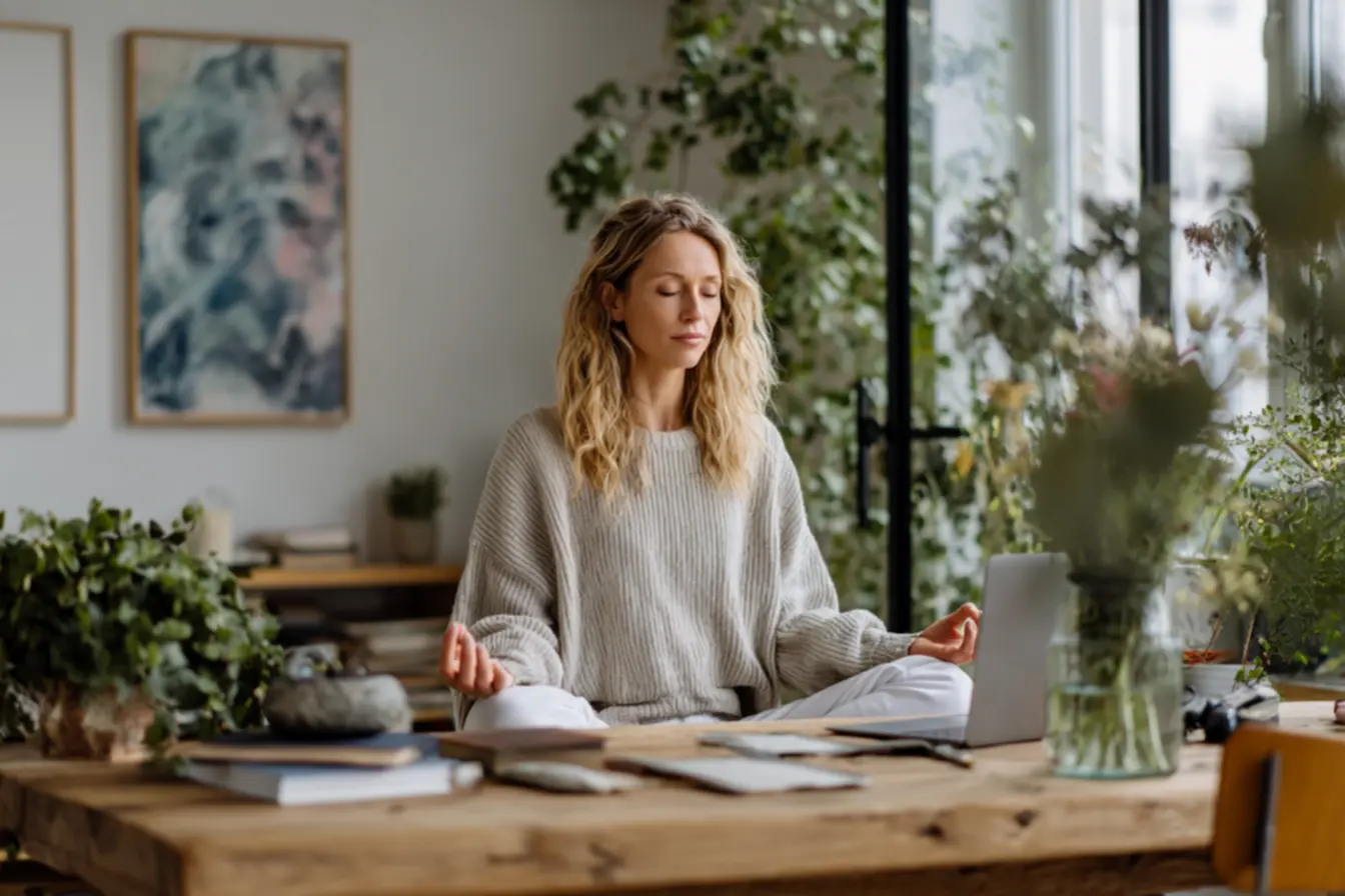 Pessoa meditando ou respirando profundamente, simbolizando a manutenção da calma e foco com pequenos rituais antes do trabalho em dias corridos