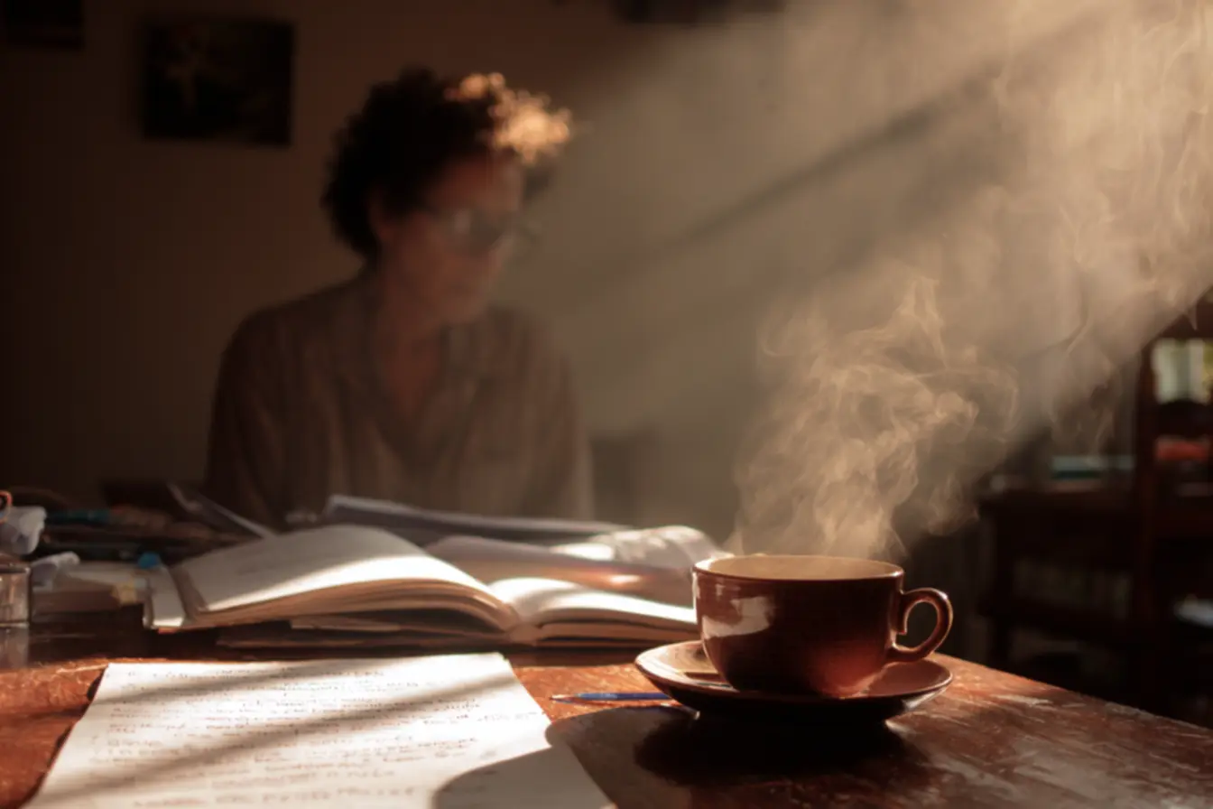 Mulher desfrutando de um café da manhã nutritivo em um ambiente tranquilo e organizado