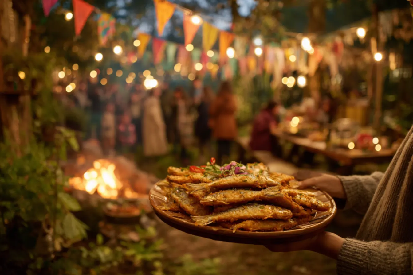 Sardinhas crocantes e douradas assadas para festa junina com clima de boteco