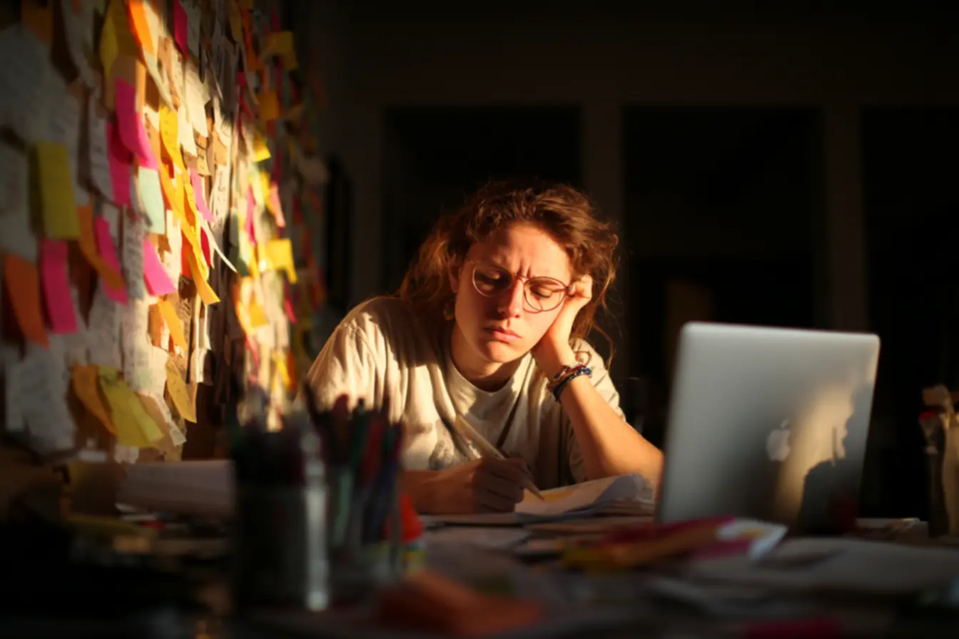 Mulher estressada olhando para o relógio, lidando com prazos e produtividade no trabalho