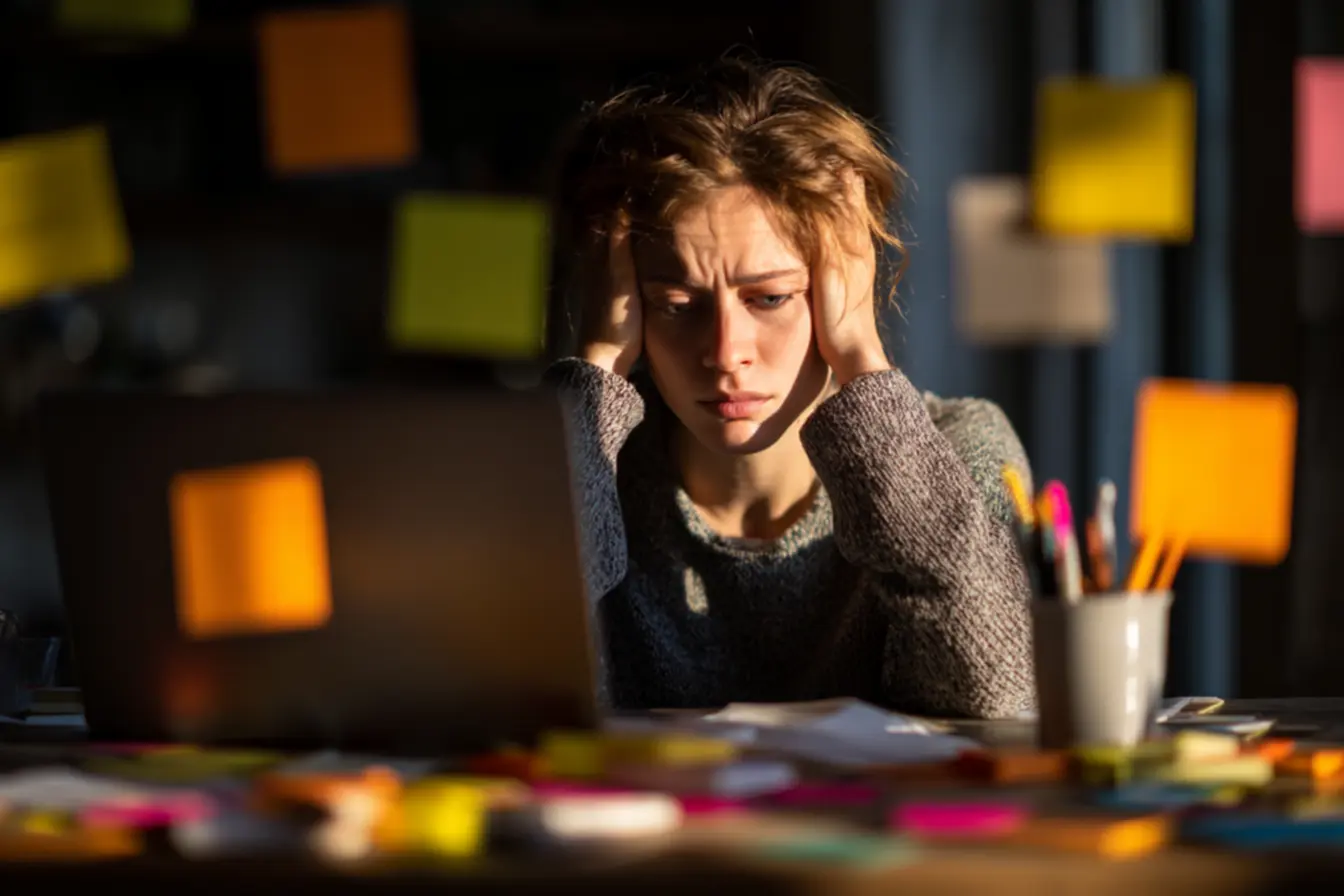 Pessoa focada trabalhando sob pressão, com o relógio marcando o tempo