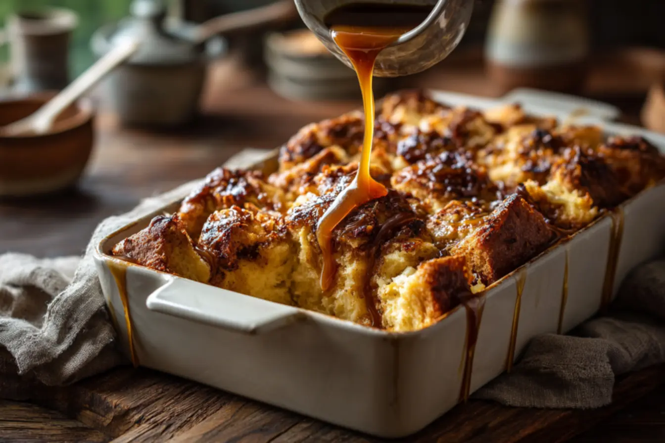 Preparo da massa de pudim de pão sendo misturada delicadamente em tigela