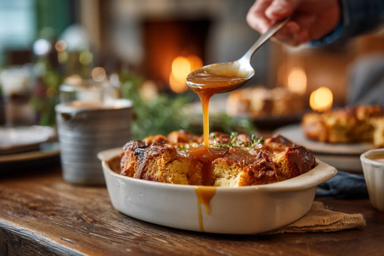Pudim de pão fofinho com calda de caramelo brilhante e textura cremosa