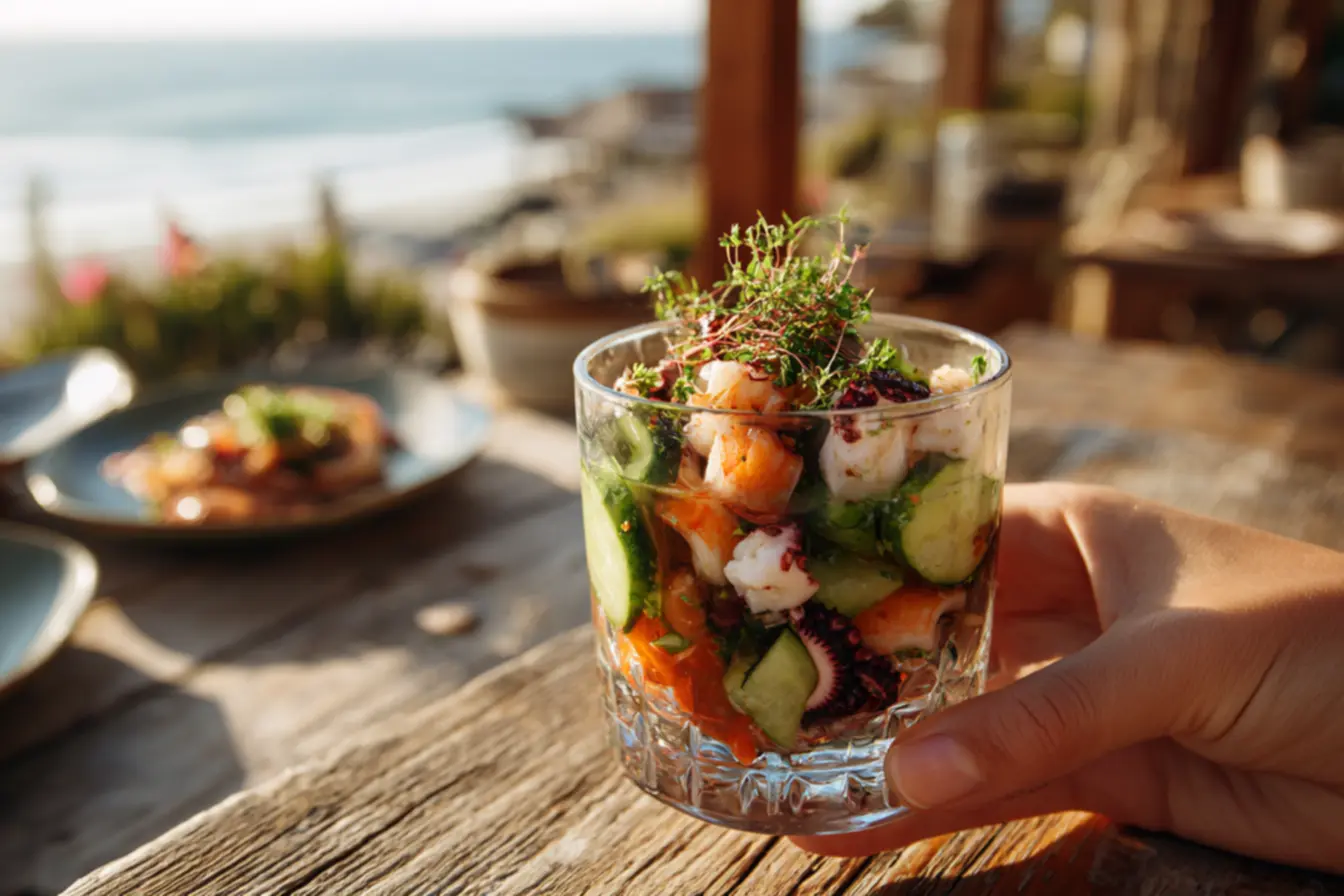 Coquetel de frutos do mar frio com camarão, polvo e legumes frescos