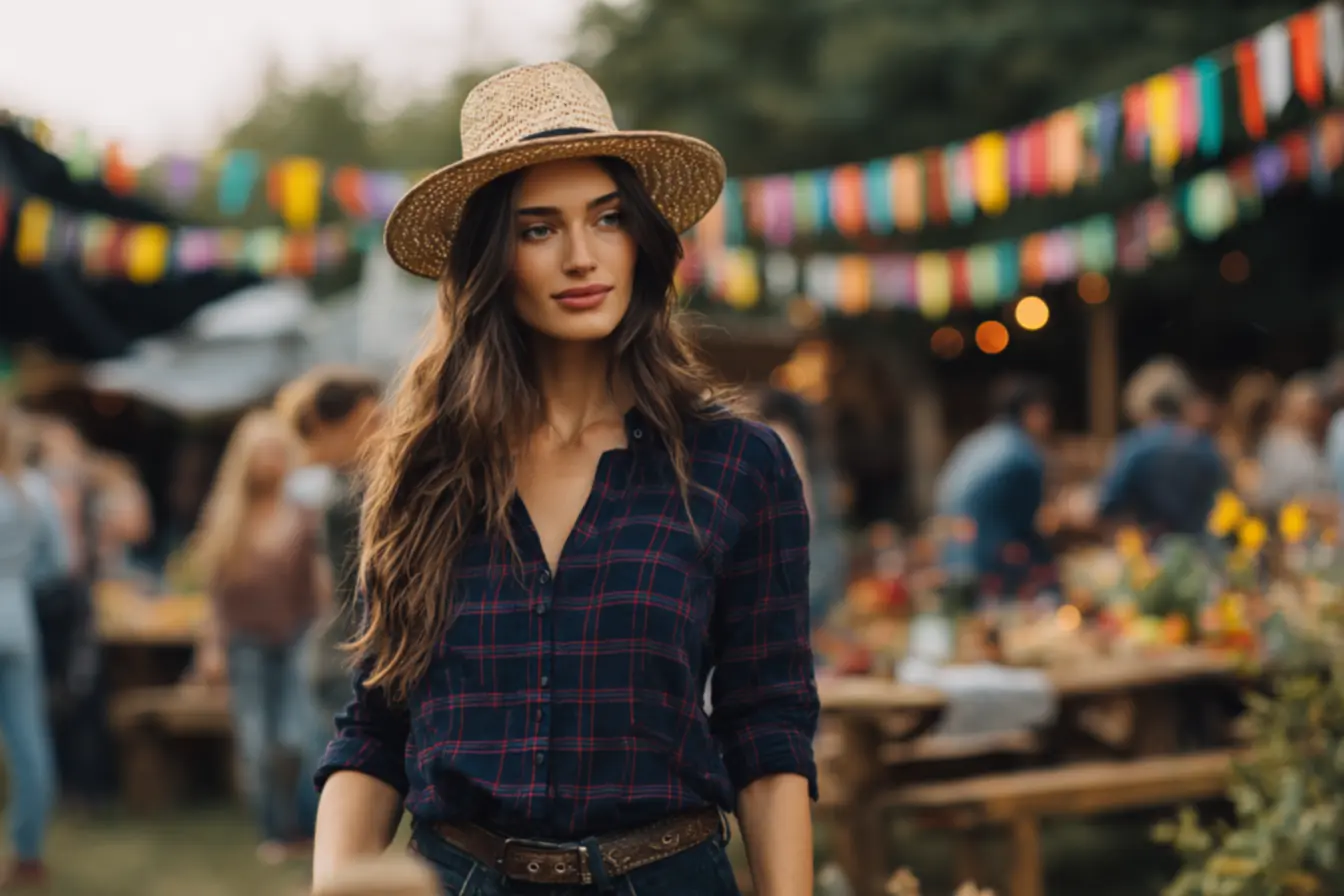 Camisa xadrez feminina usada de forma moderna com calça jeans em Festa Junina