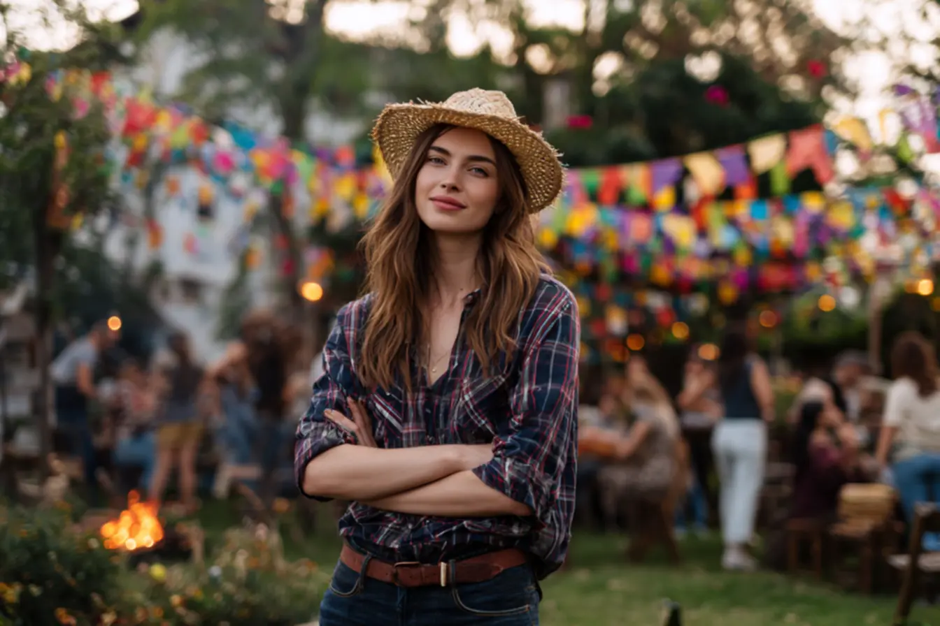 Look de Festa Junina com calça jeans feminina elegante e camisa xadrez sofisticada
