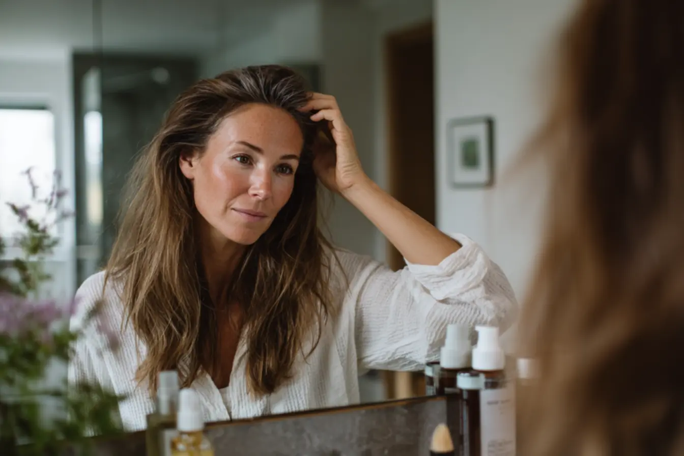 Antes e depois do uso da maquiagem para cabelo na raiz e no couro cabeludo