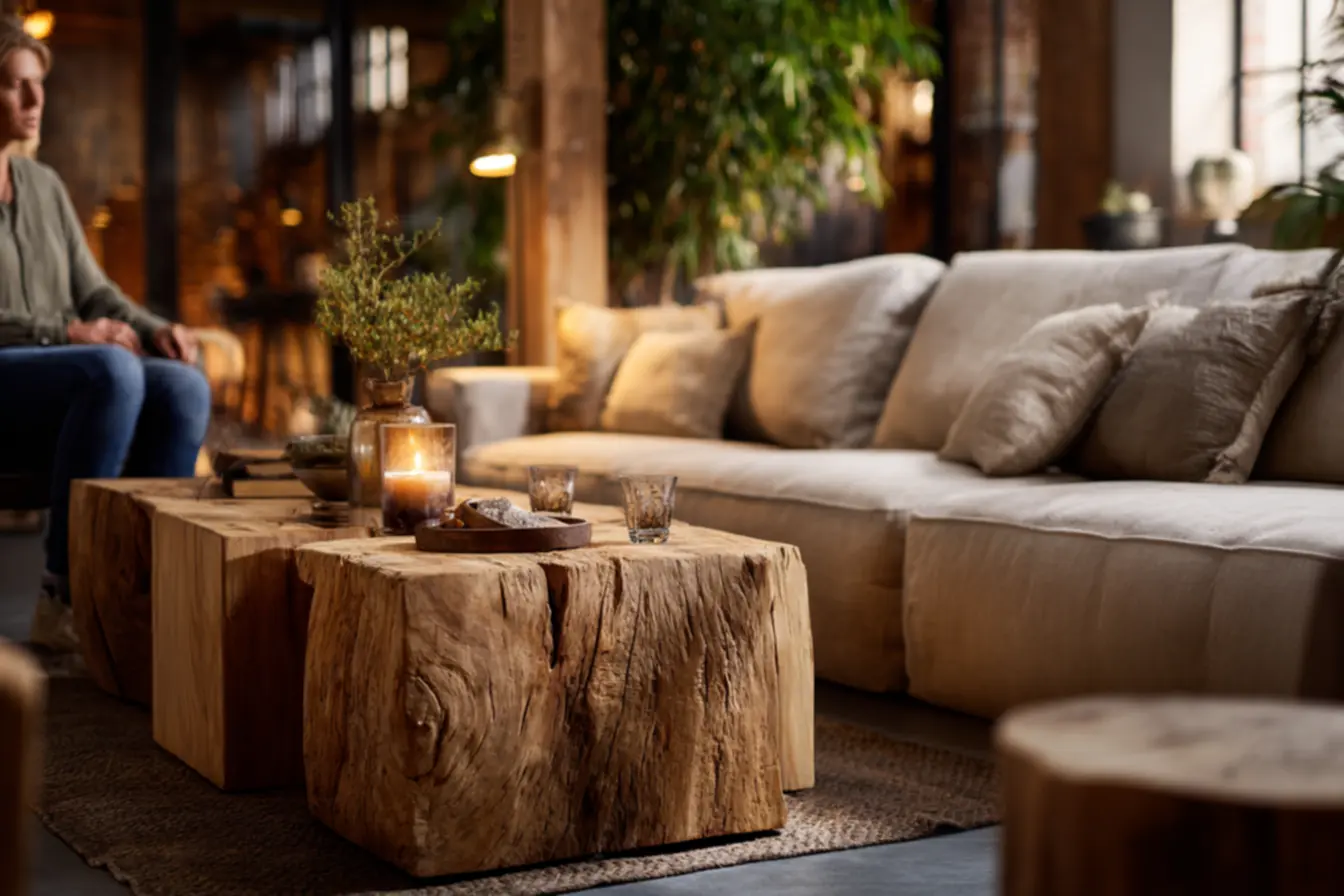 integração de móveis rústicos com decoração moderna em sala de estar