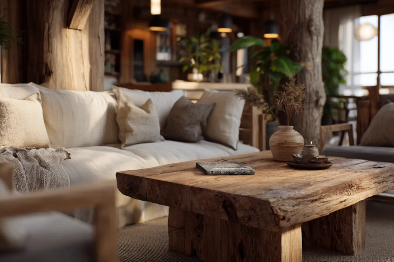 sala decorada com móveis rústicos de madeira maciça e ambiente acolhedor