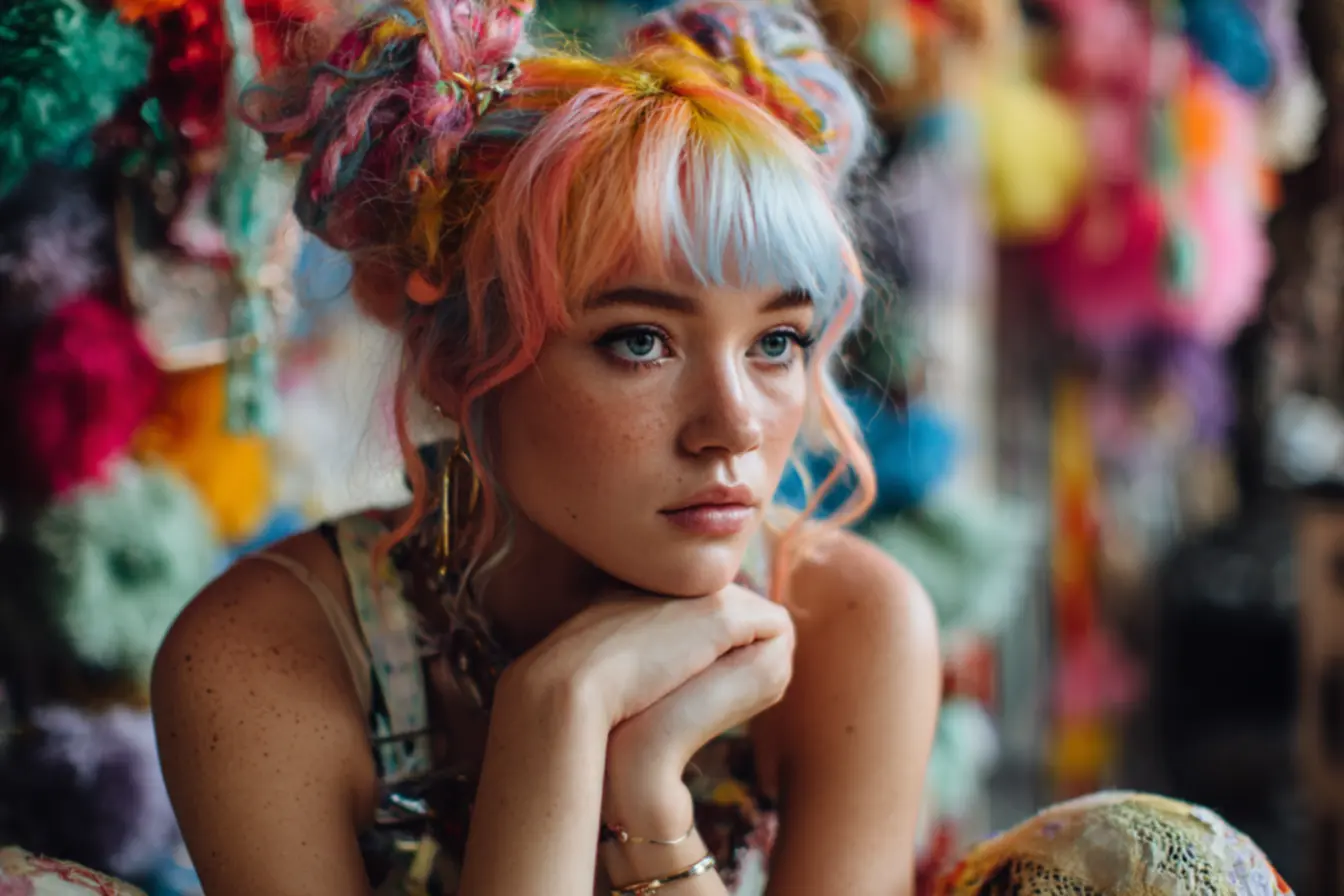 Inspirações de penteados futuristas com tranças, coques e cores vibrantes