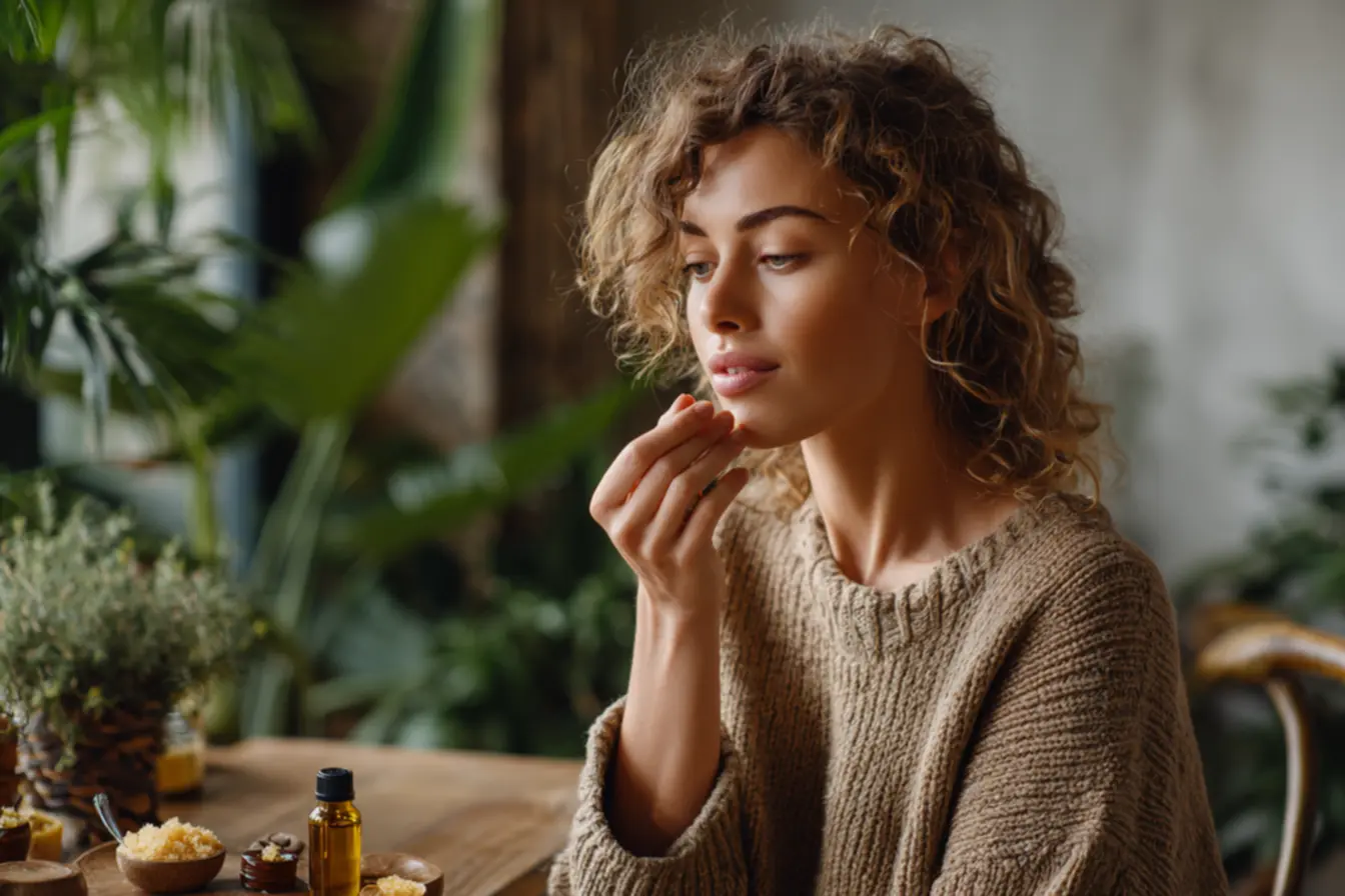 Aplicando esfoliante caseiro nos lábios com movimentos suaves para renovar a pele
