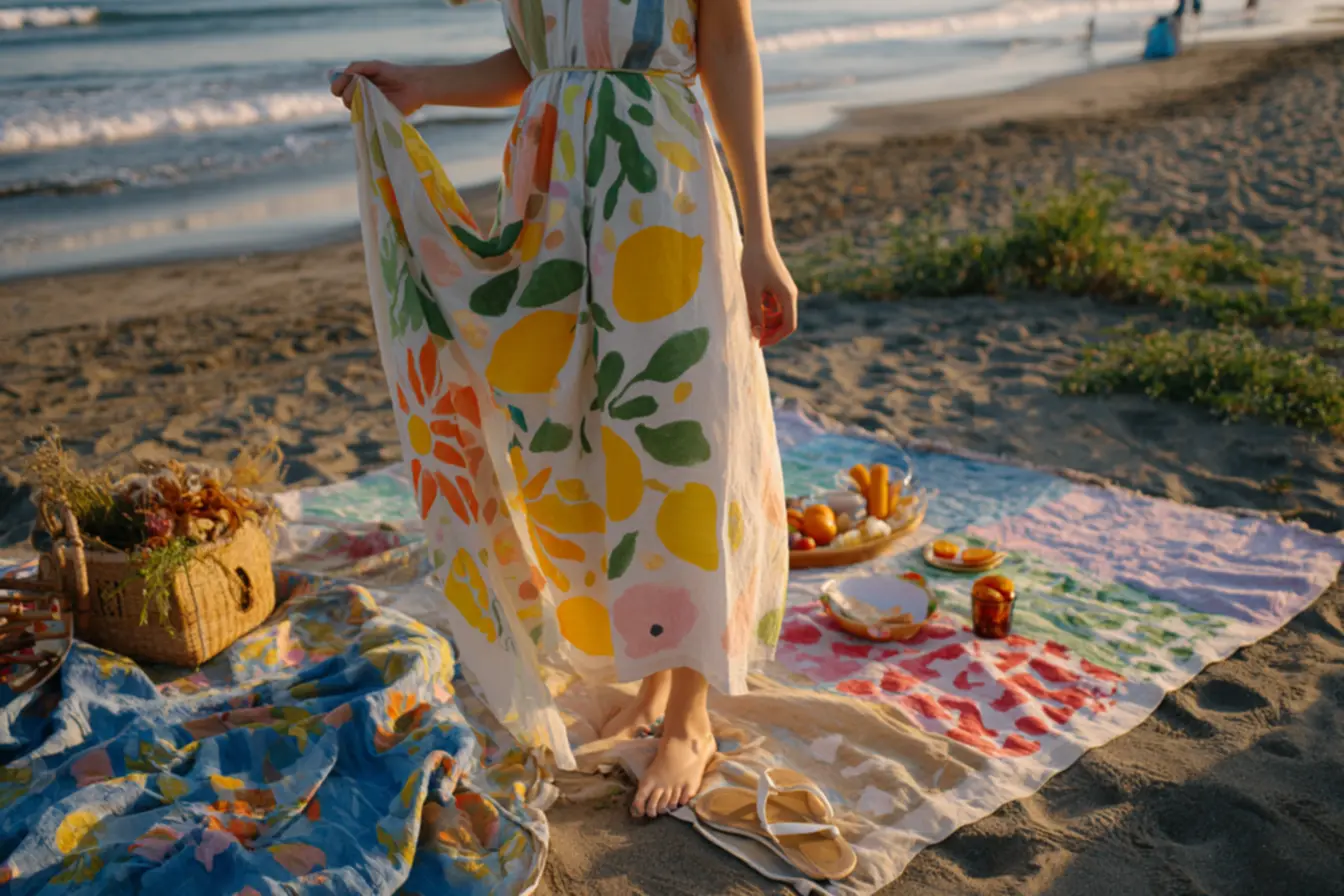 Canga de praia artesanal com estampa de limão feita à mão em tecido reaproveitado