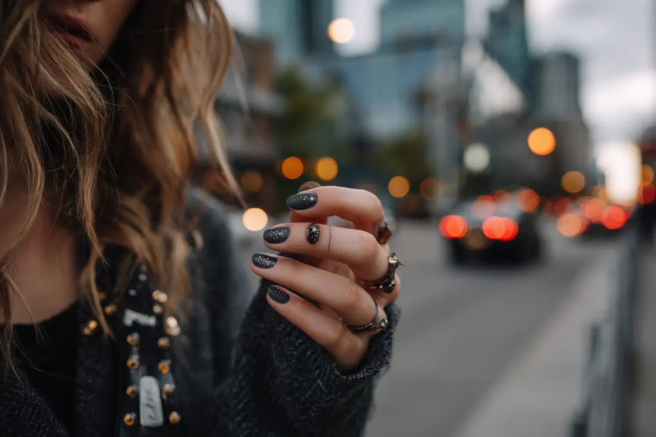 Unhas rock com esmalte preto e acessórios de metal para transformar seu estilo