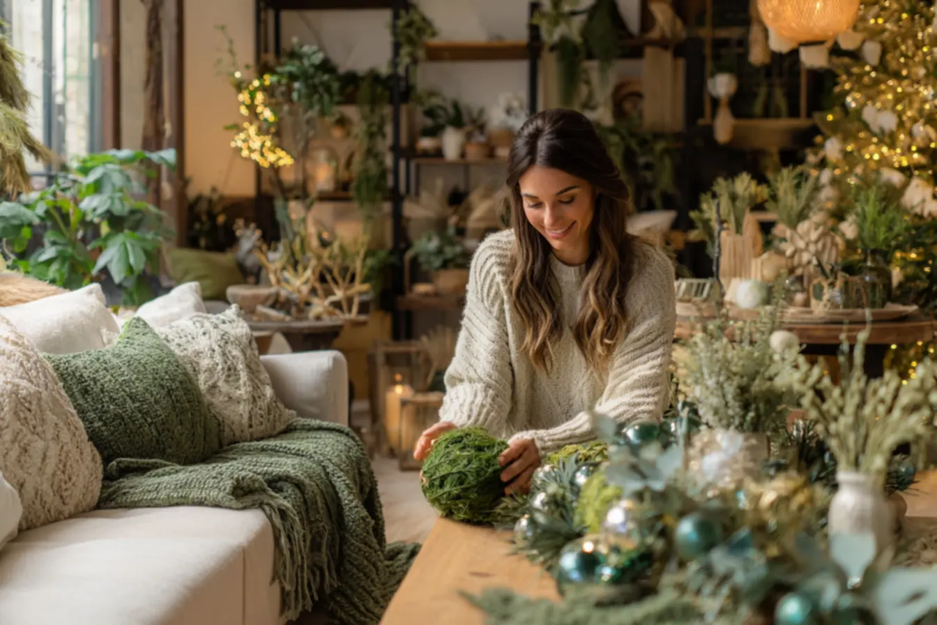 árvore de Natal com decoração monocromática verde e detalhes naturais