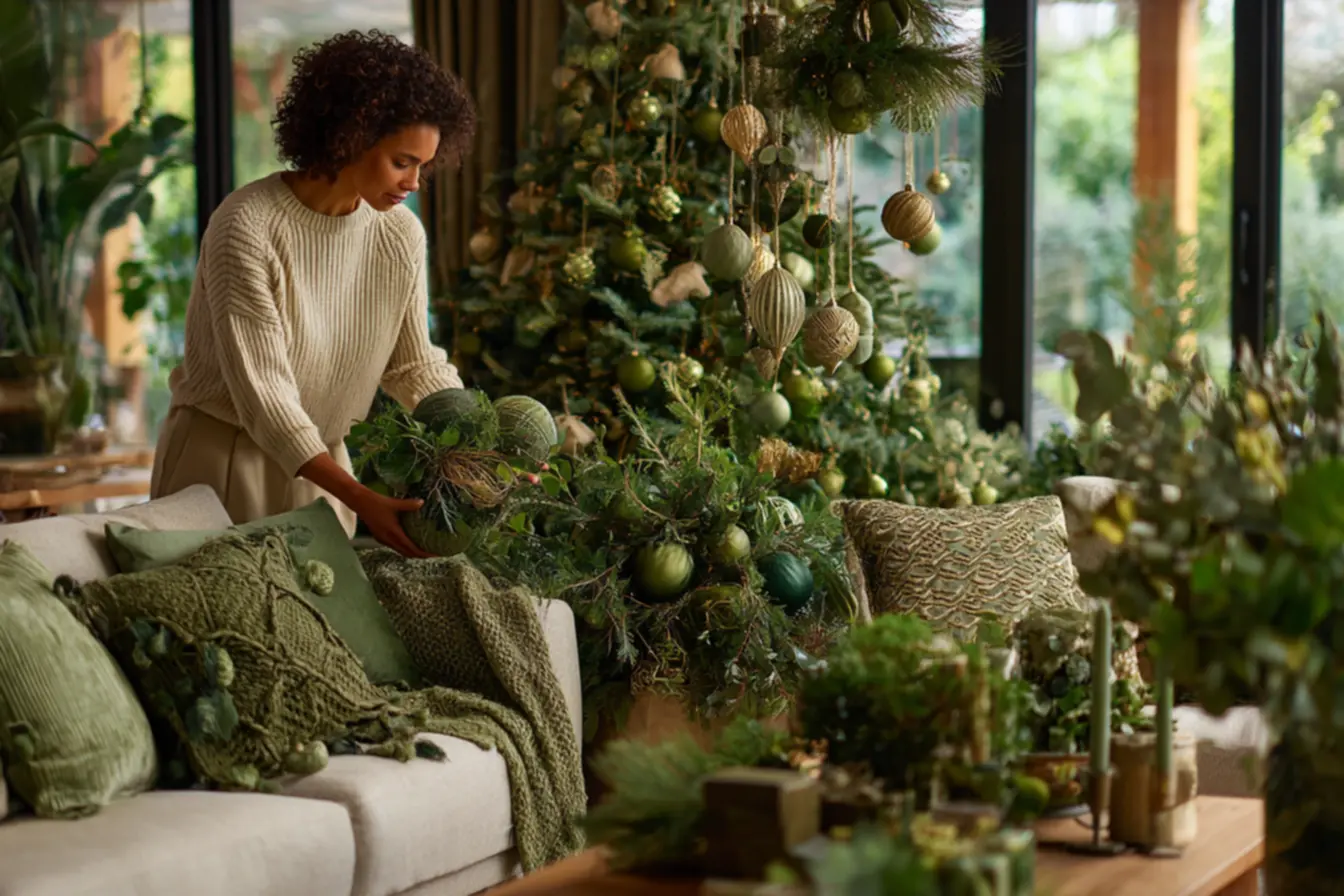 decoração natalina em verde com sala aconchegante e árvore de Natal sofisticada